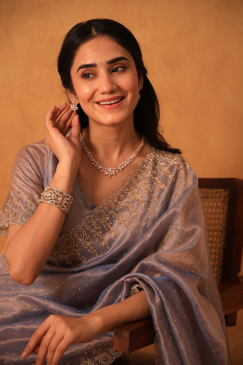 Mist Berry Organza Saree Adorned with Fine Stone Embroidery