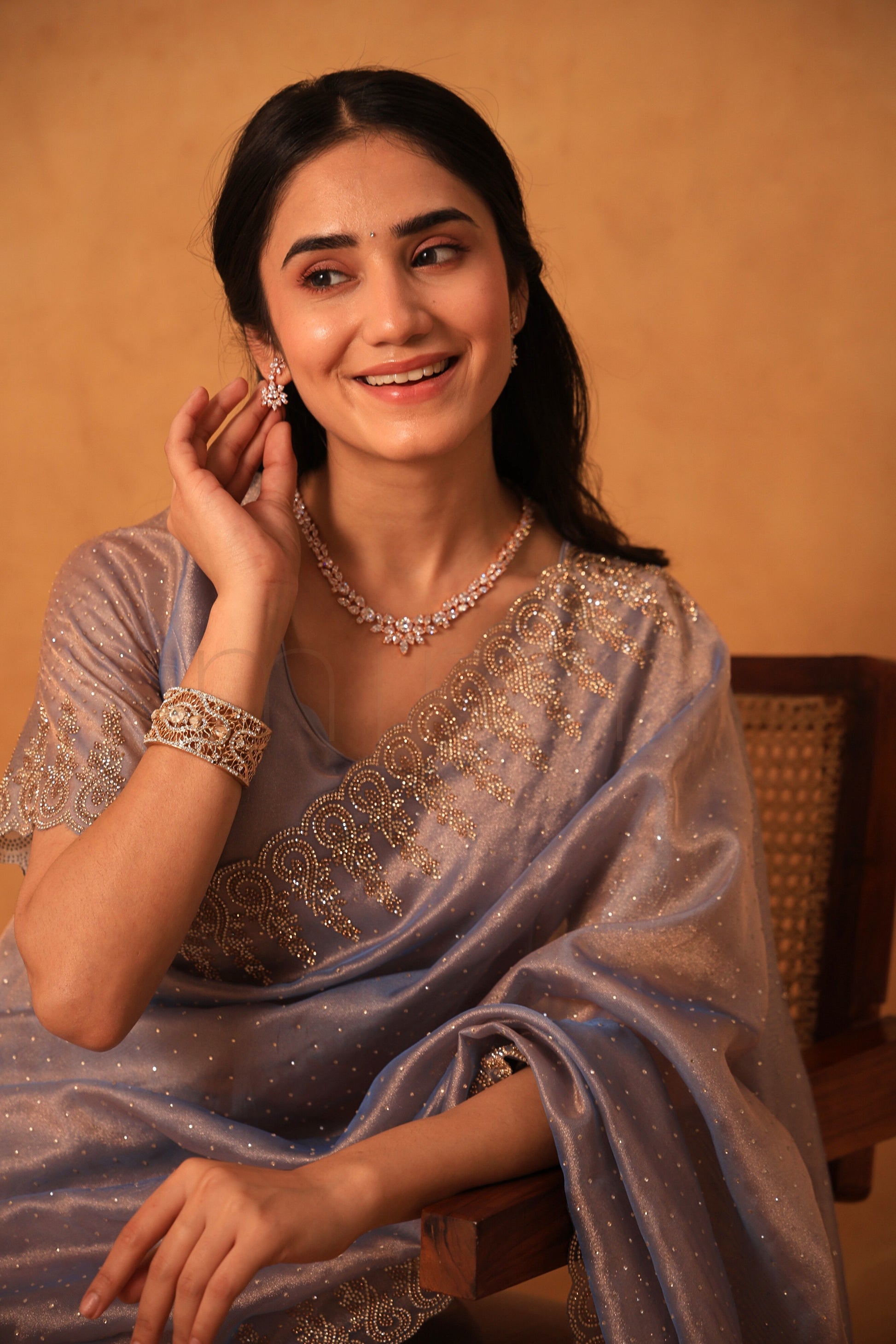 Mist Berry Organza Saree Adorned with Fine Stone Embroidery