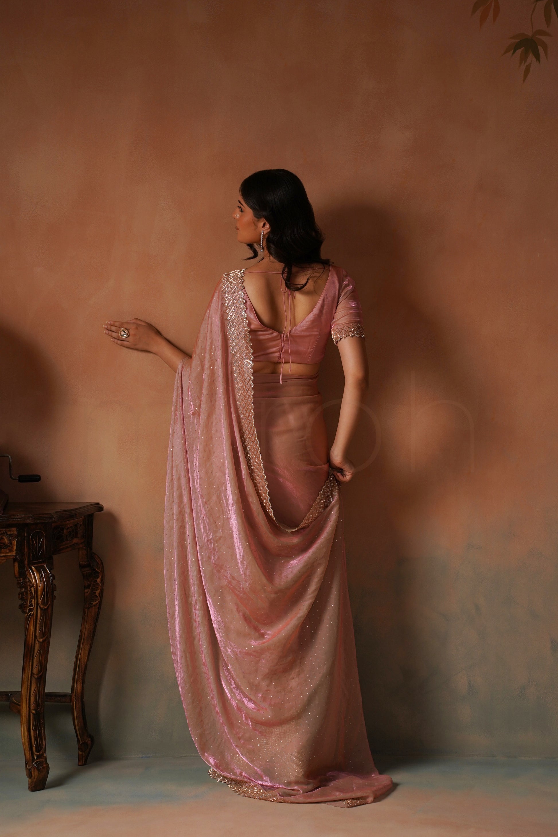 Soft Pink Fendi Silk Saree with Beaded Scallop & Stone Embellishments