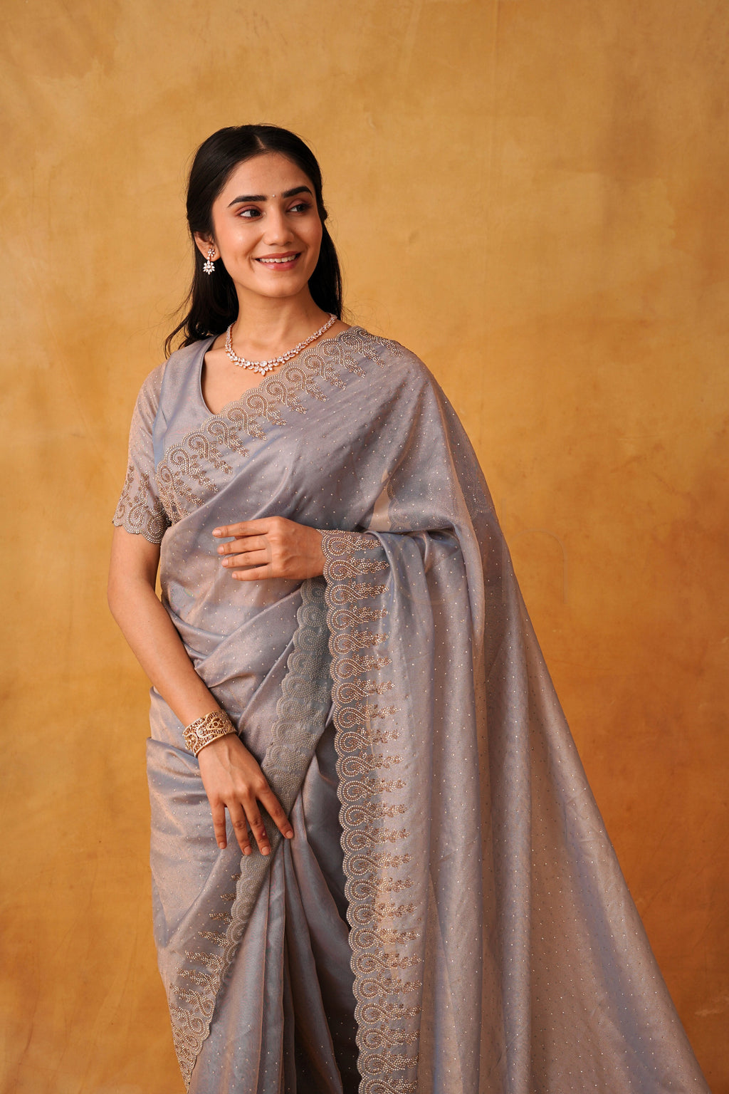 Mist Berry Organza Saree Adorned with Fine Stone Embroidery