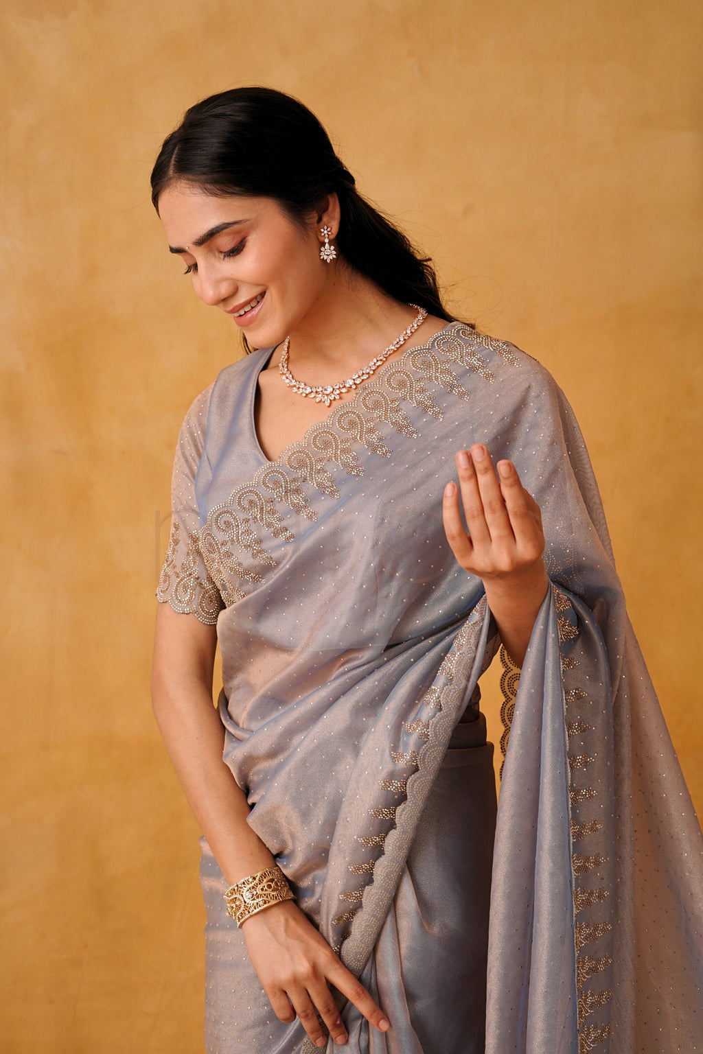 Mist Berry Organza Saree Adorned with Fine Stone Embroidery