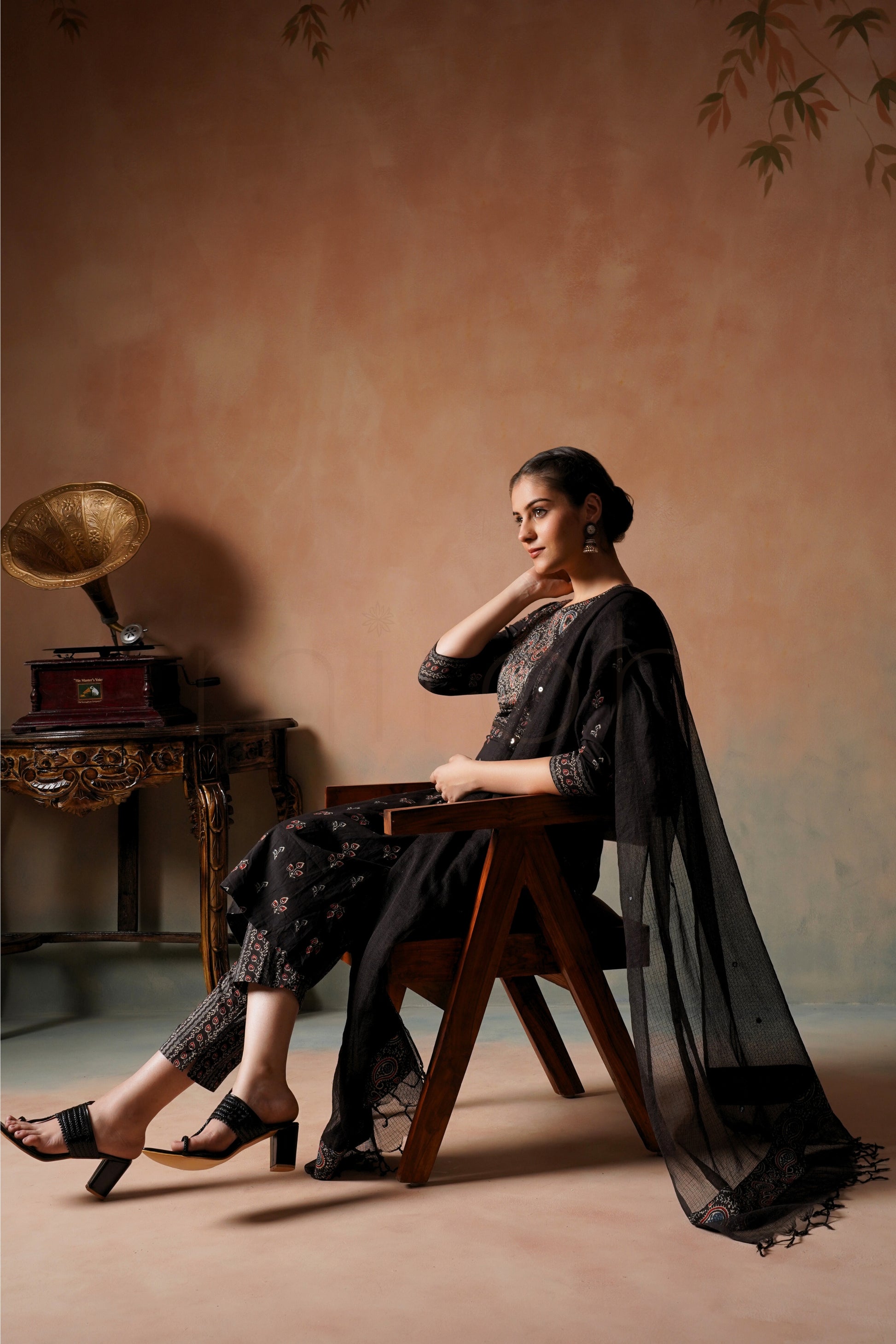 Black Printed Cotton Suit Set with Dupatta