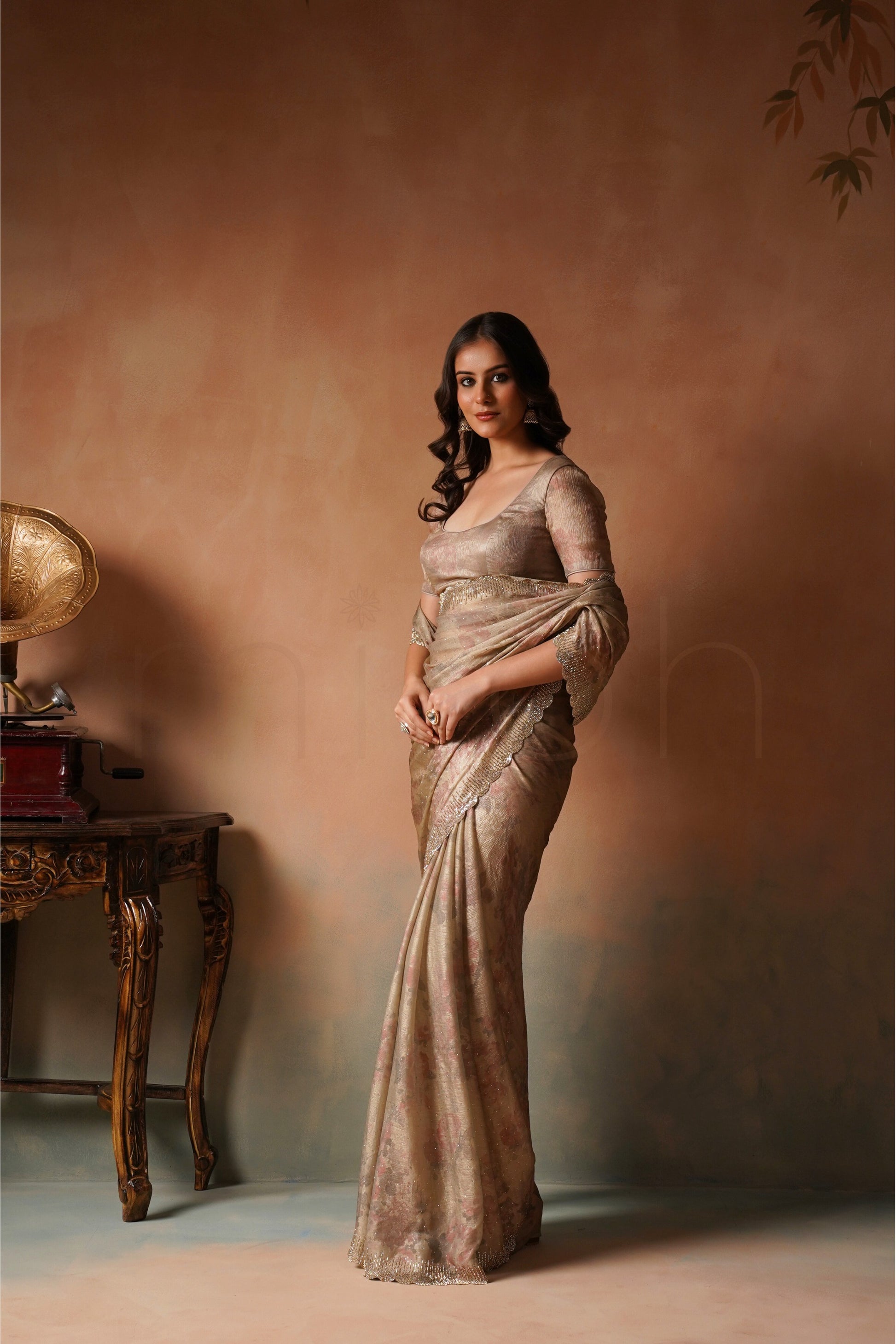 Muted Beige Bloom Floral Print Saree