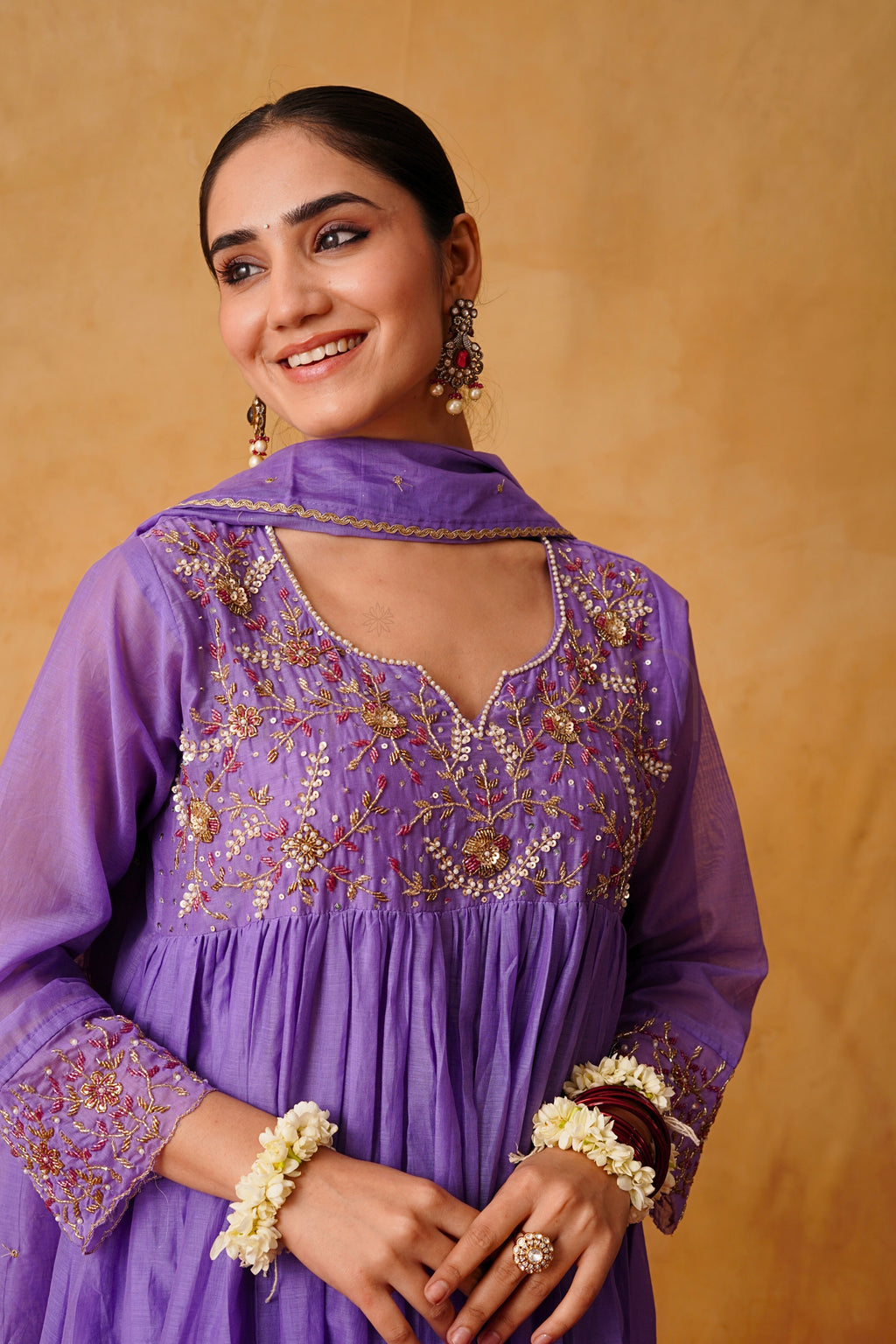 Mystic Lilac Handworked Mul Chanderi Suit Set