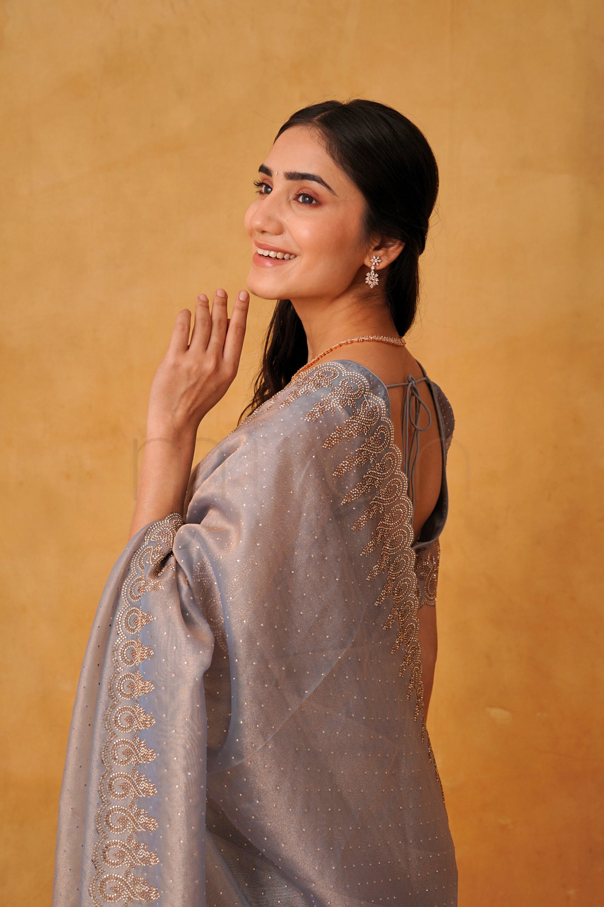 Mist Berry Organza Saree Adorned with Fine Stone Embroidery