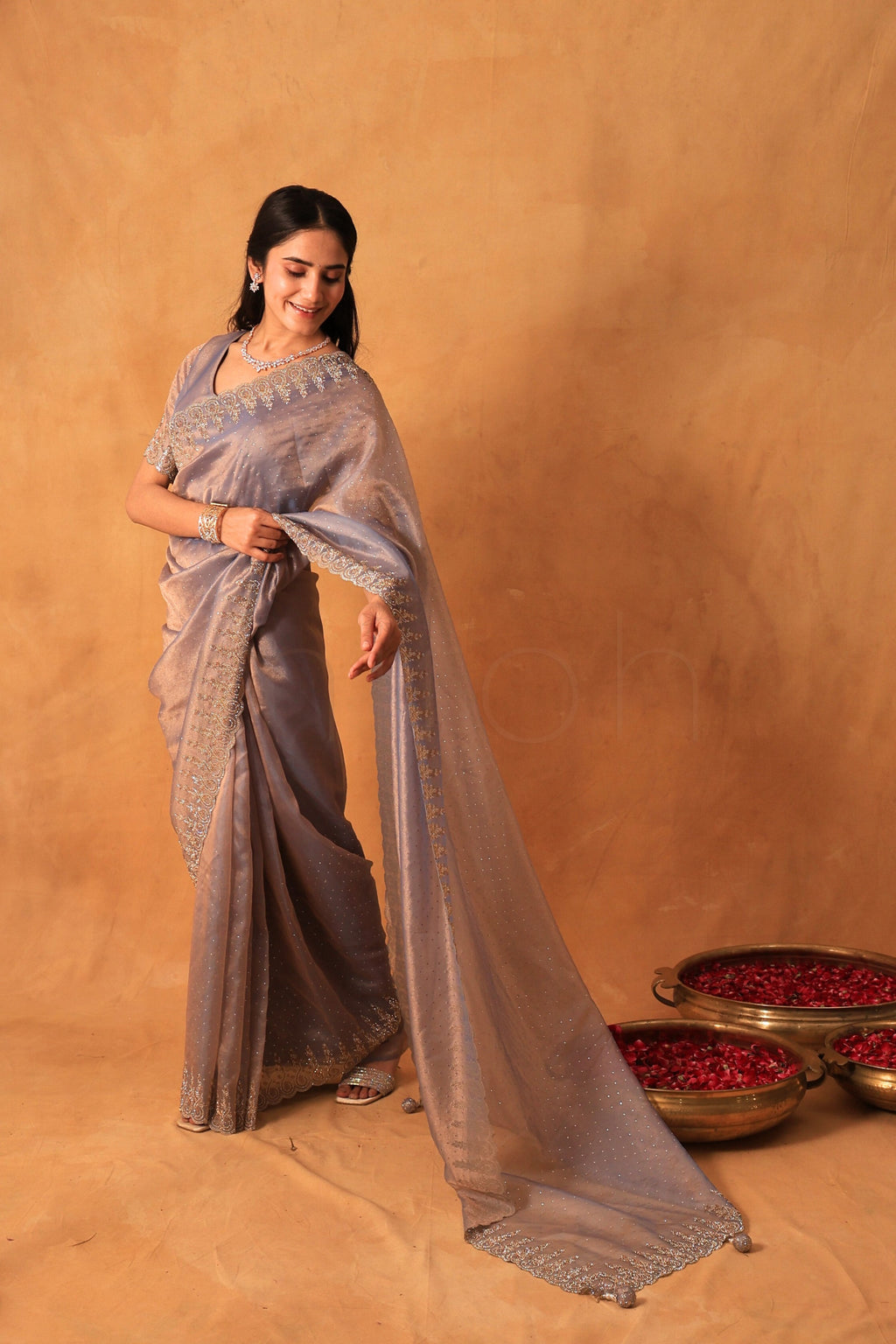 Mist Berry Organza Saree Adorned with Fine Stone Embroidery