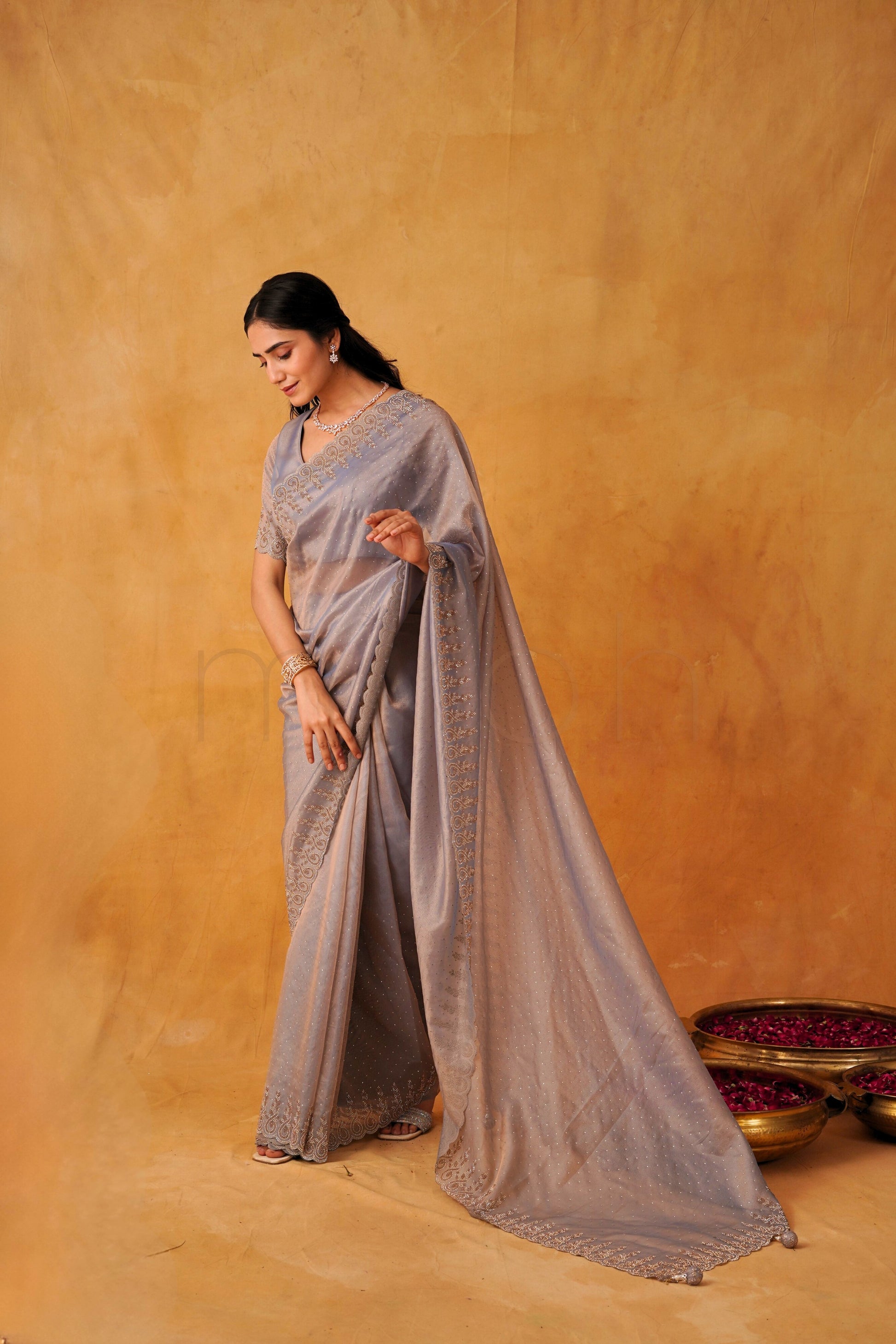 Mist Berry Organza Saree Adorned with Fine Stone Embroidery