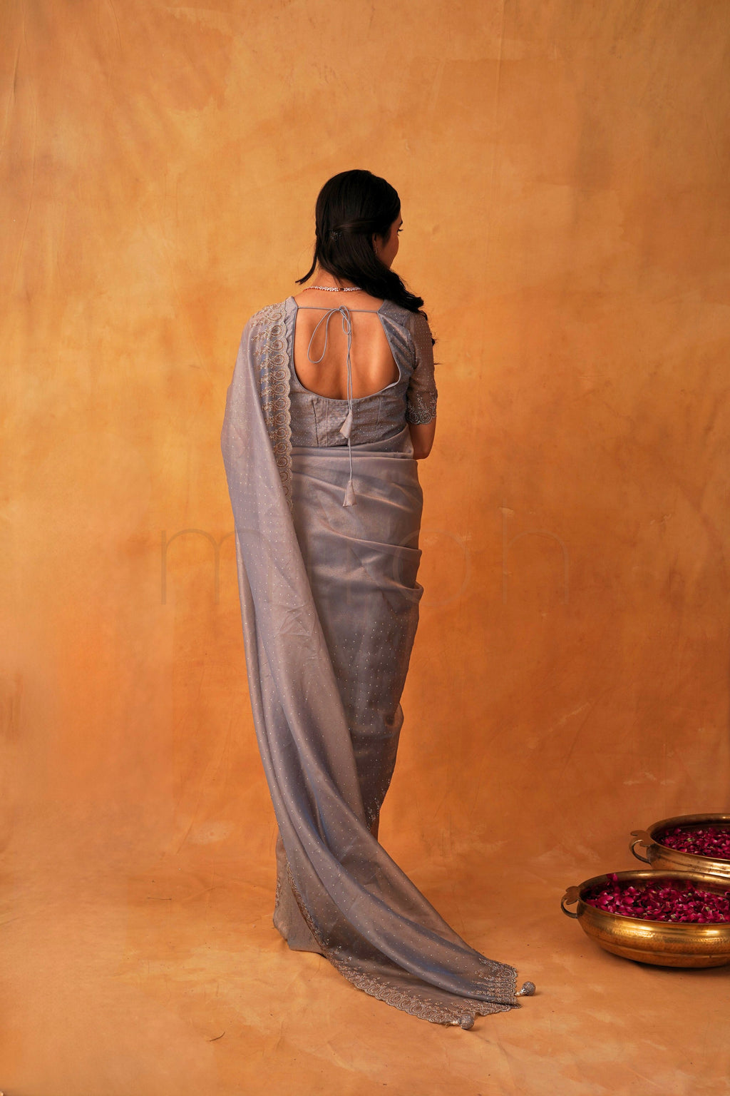 Mist Berry Organza Saree Adorned with Fine Stone Embroidery