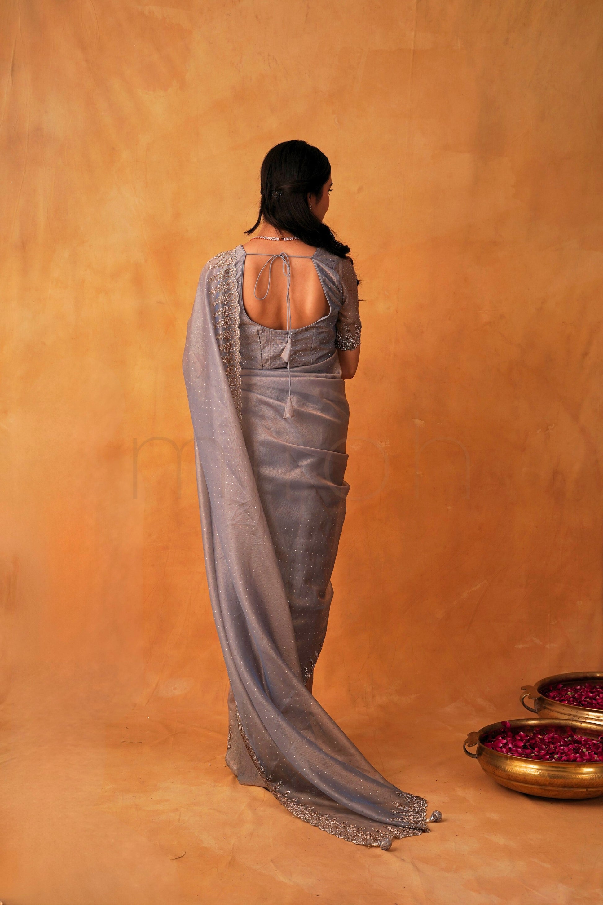 Mist Berry Organza Saree Adorned with Fine Stone Embroidery