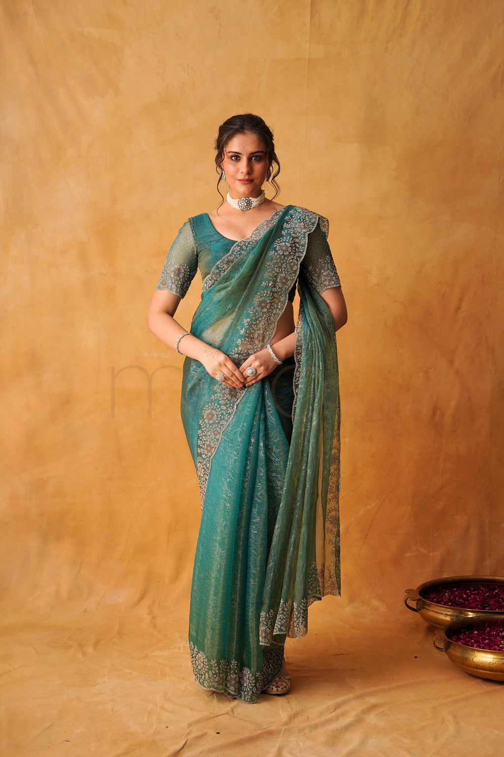 Dusty Sea Green Tissue Organza Saree
