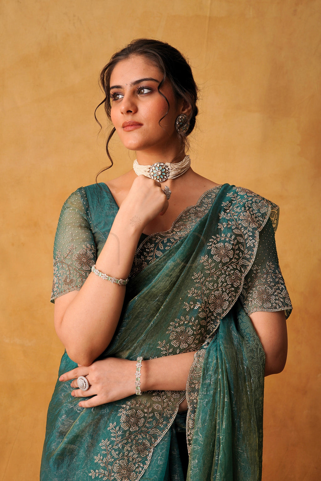 Dusty Sea Green Tissue Organza Saree