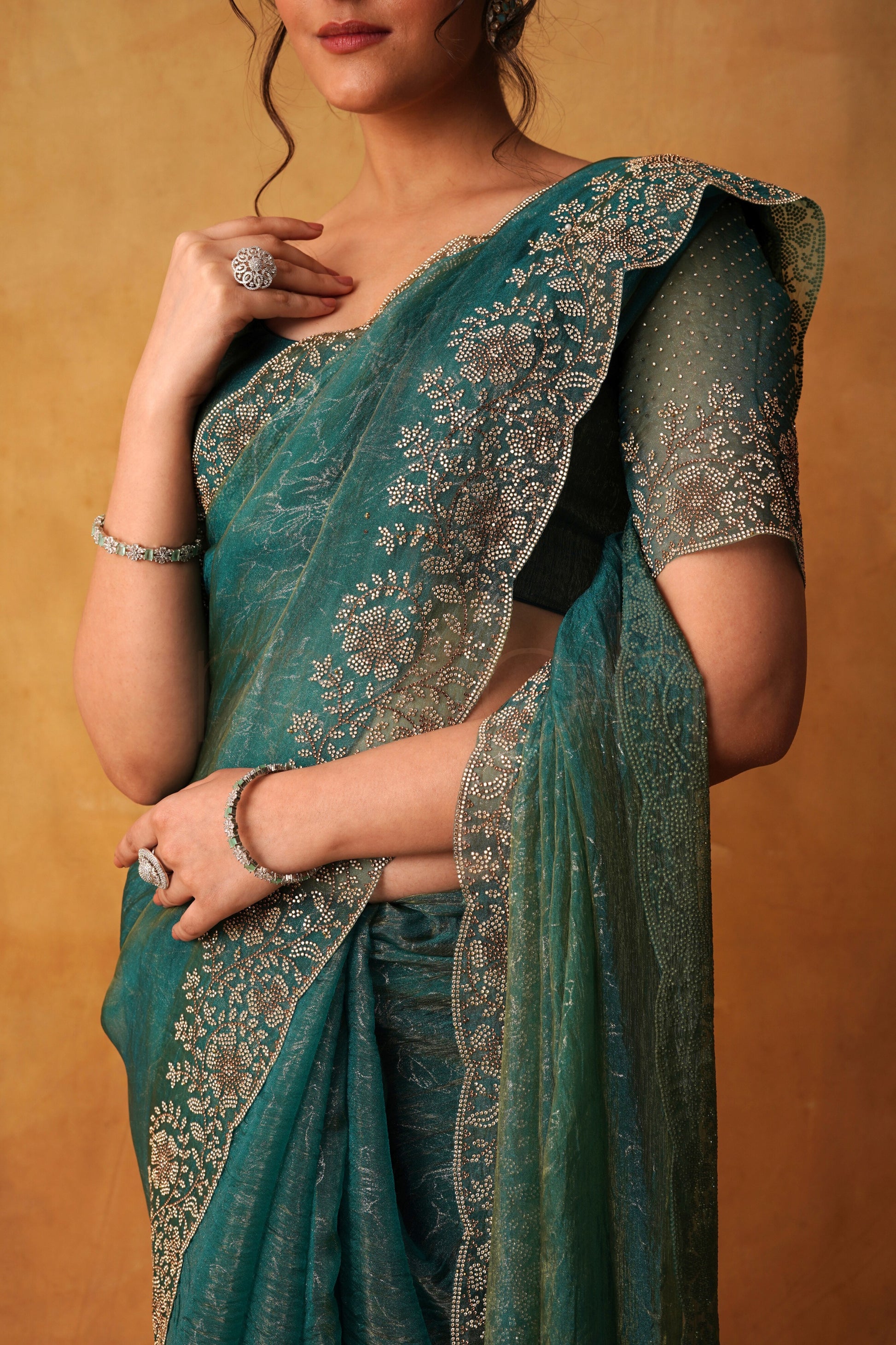 Dusty Sea Green Tissue Organza Saree