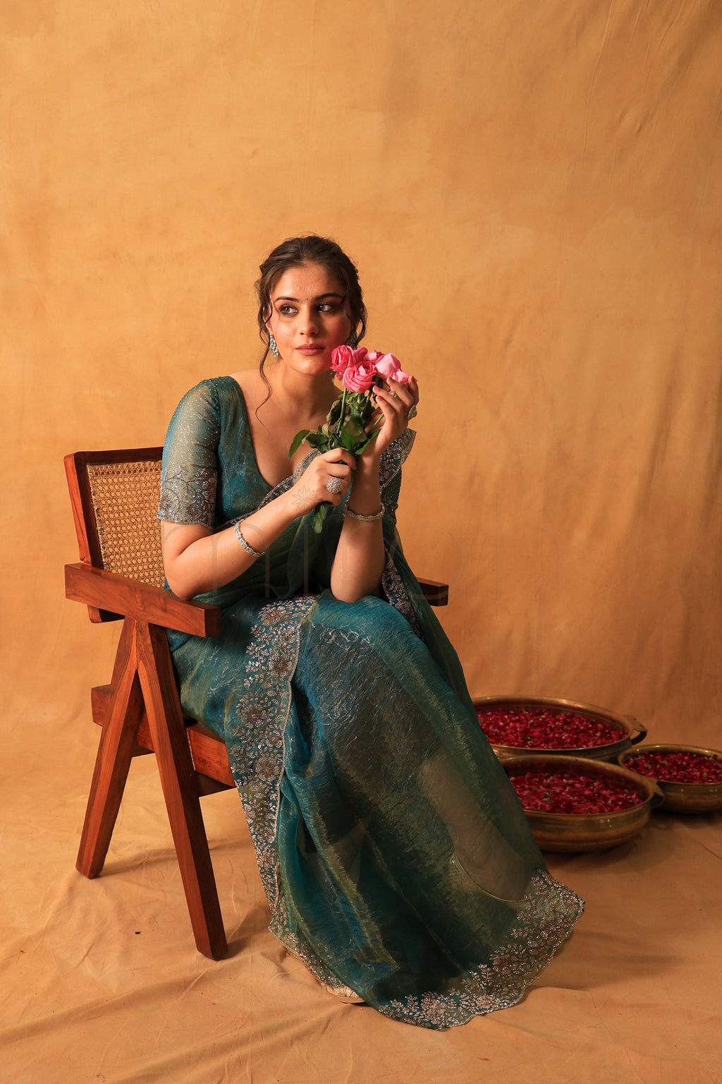 Dusty Sea Green Tissue Organza Saree