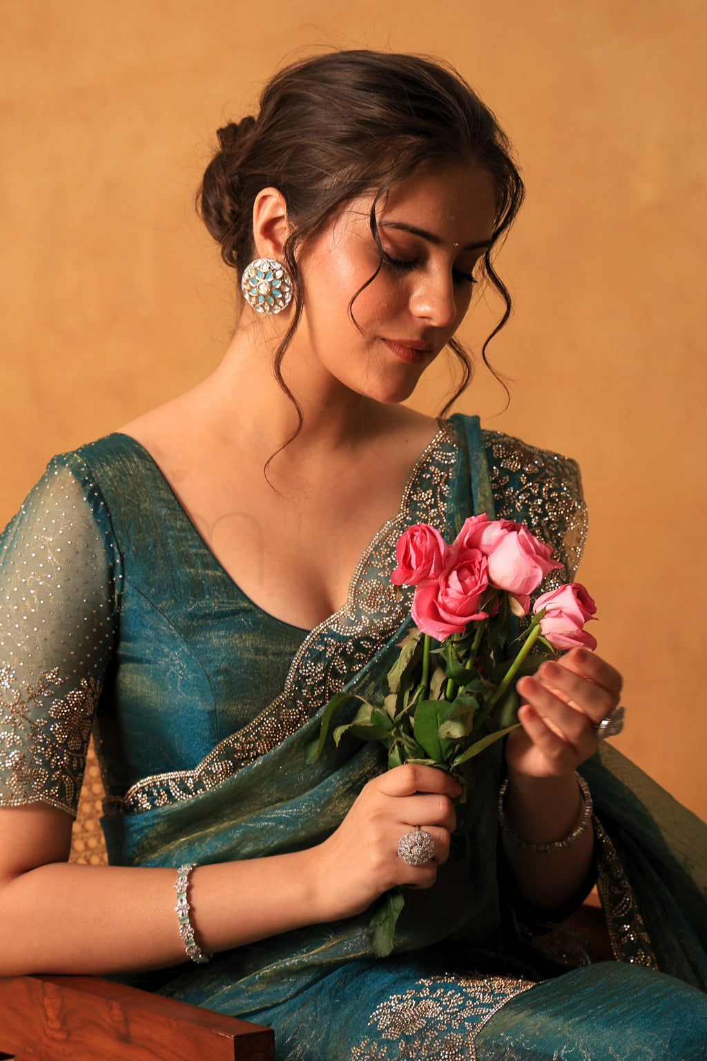 Dusty Sea Green Tissue Organza Saree