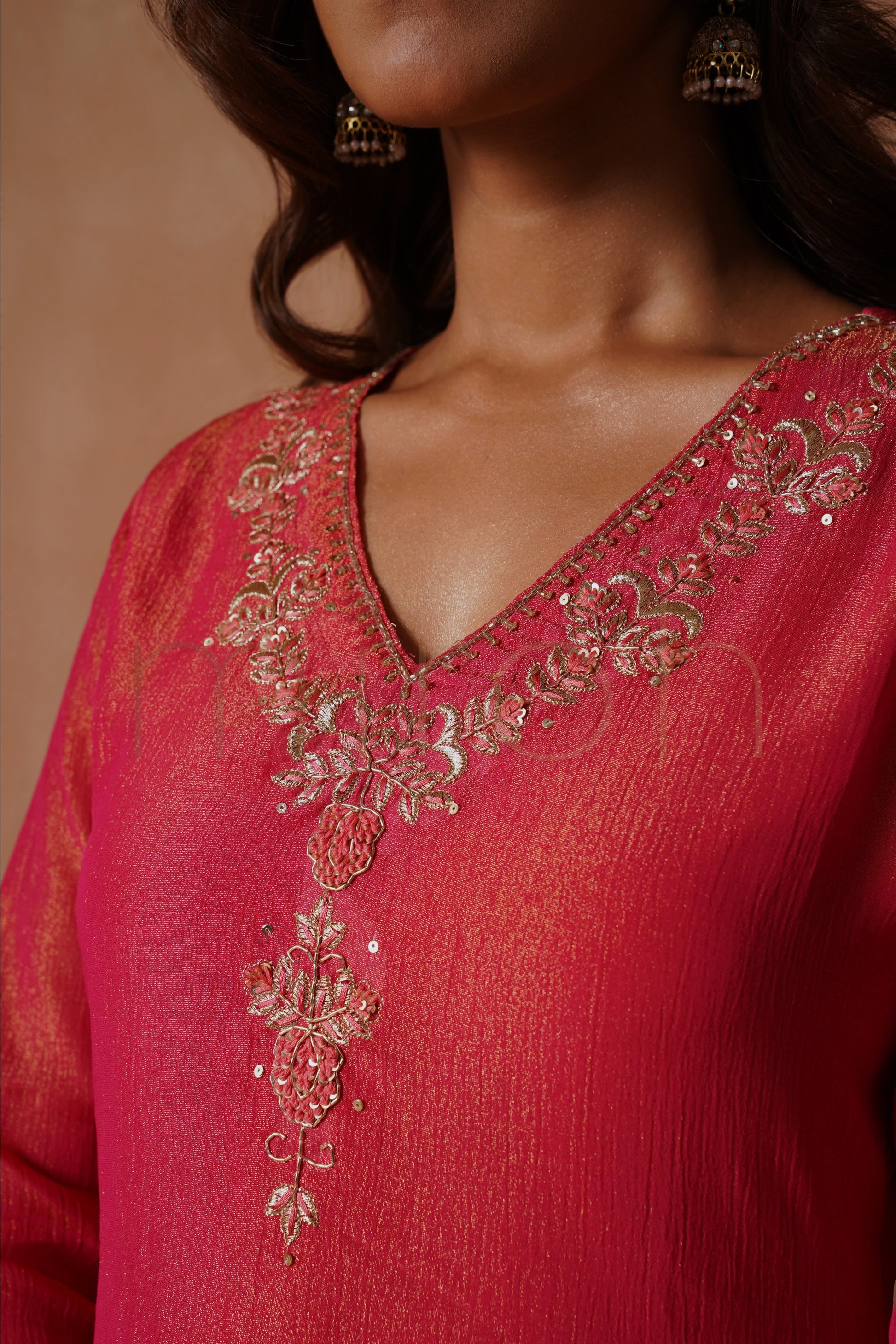 Ruby Pink Shimmer Crushed Tissue Embroidered Kurti Set