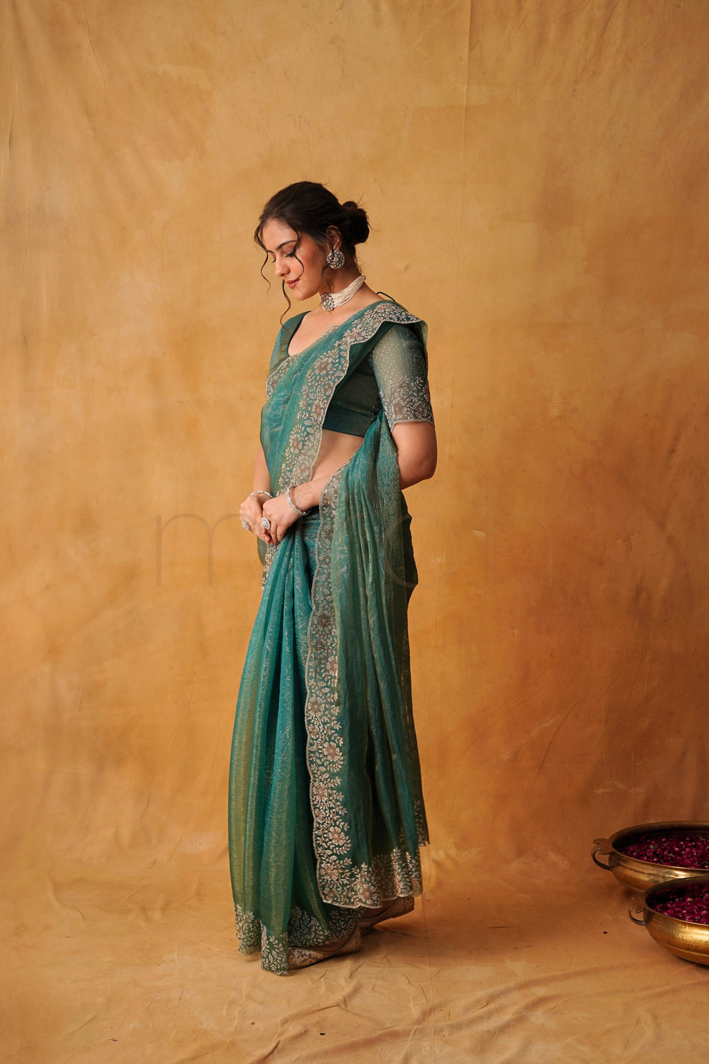 Dusty Sea Green Tissue Organza Saree