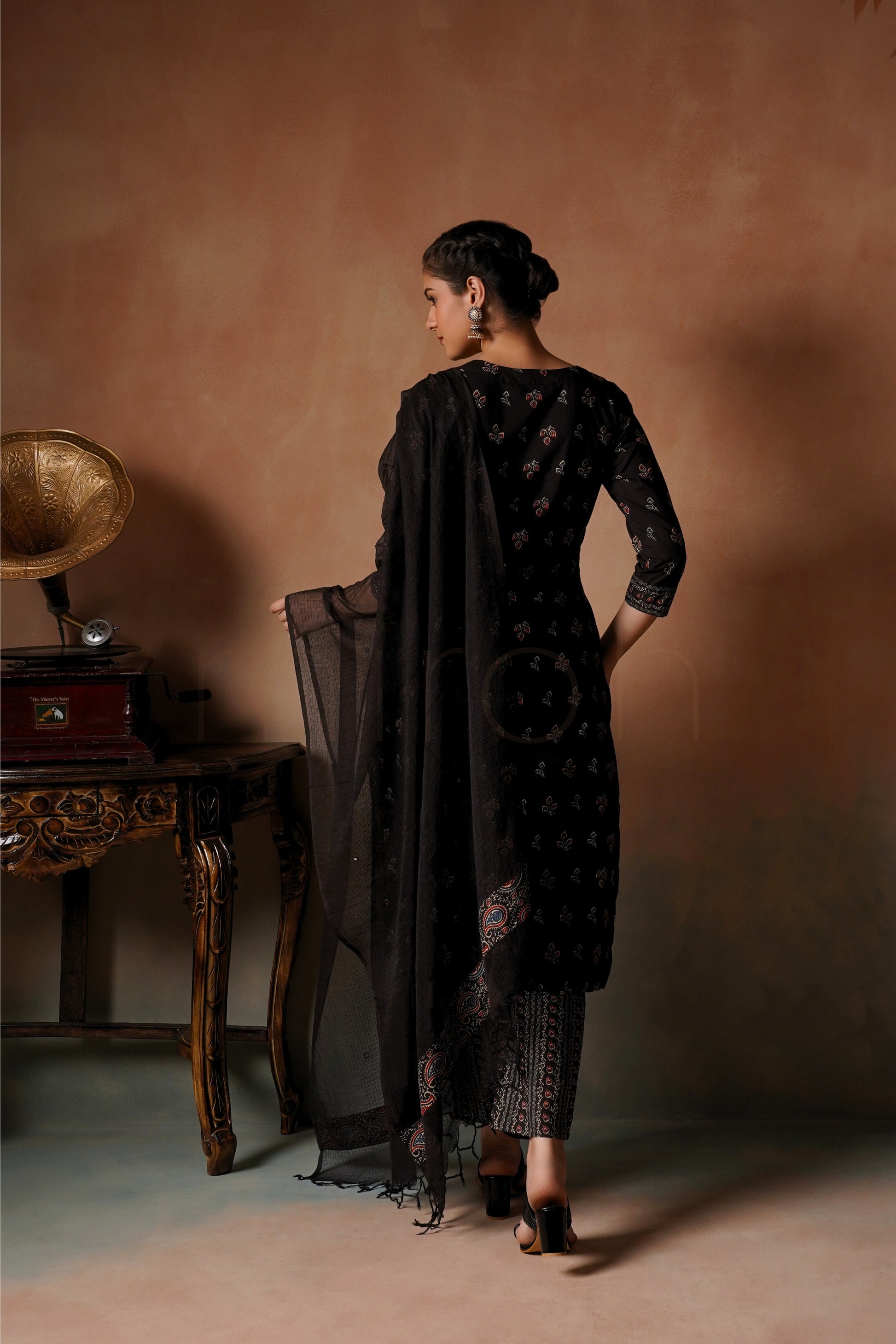 Black Printed Cotton Suit Set with Dupatta