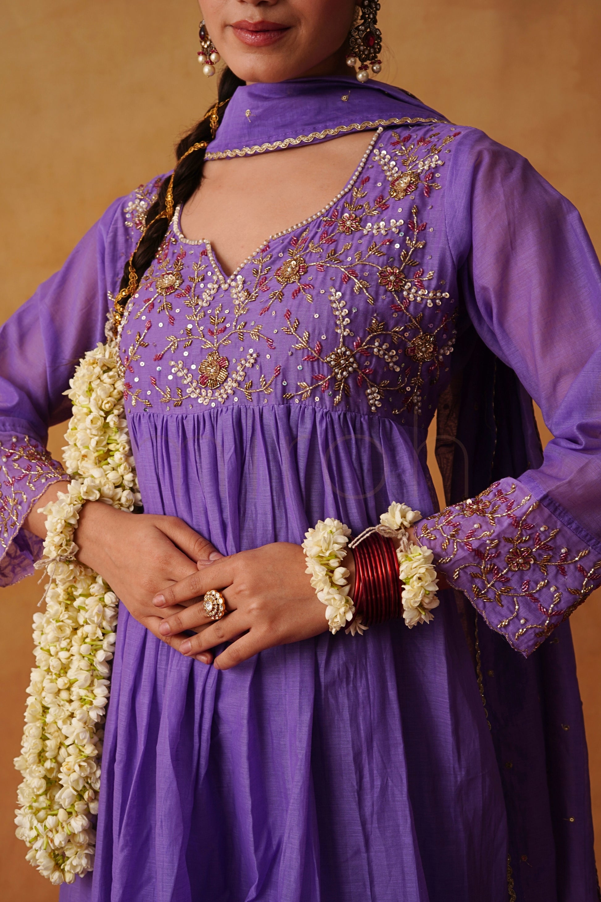 Mystic Lilac Handworked Mul Chanderi Suit Set