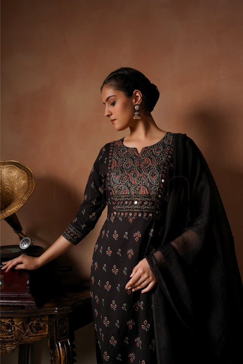 Black Printed Cotton Suit Set with Dupatta