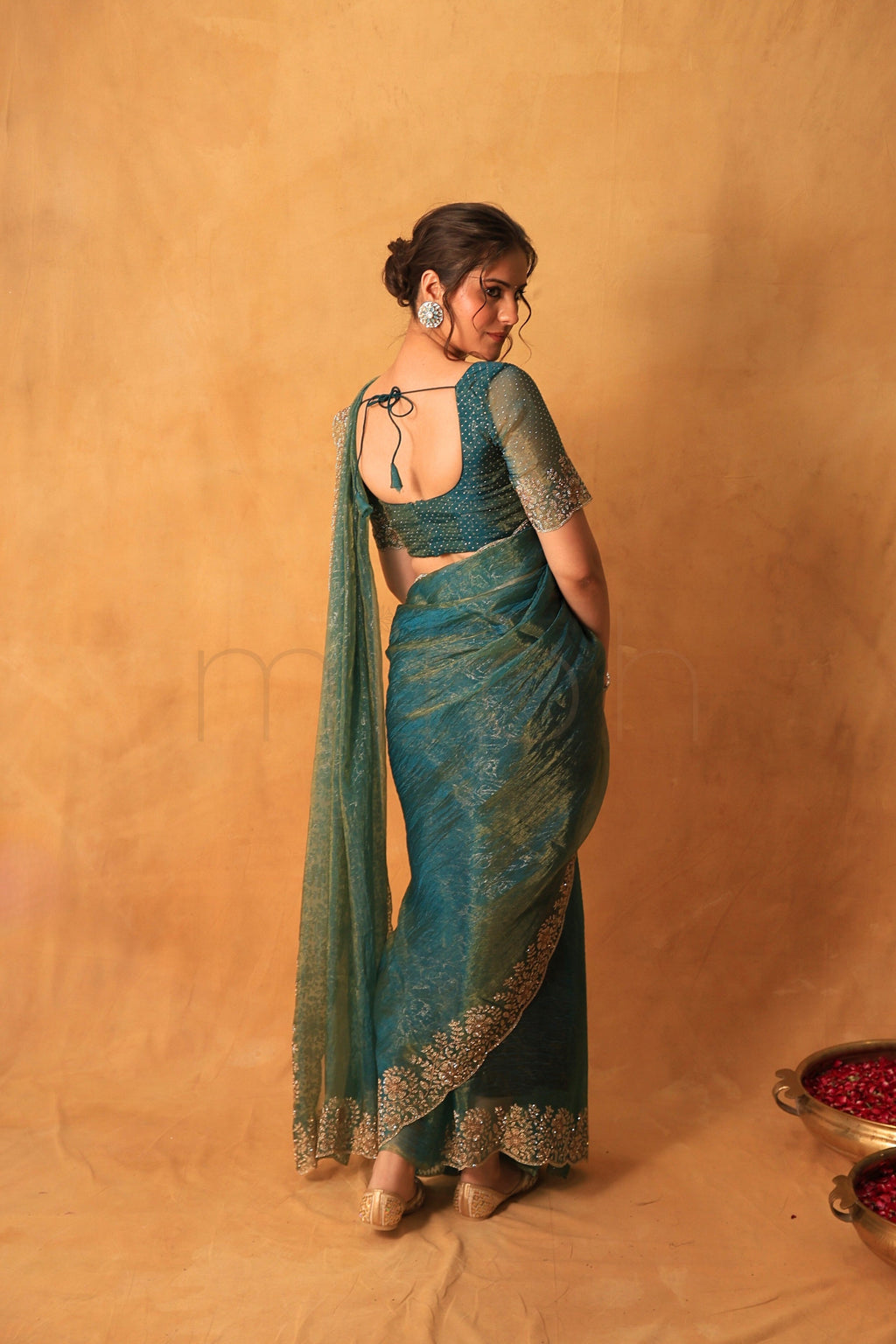 Dusty Sea Green Tissue Organza Saree