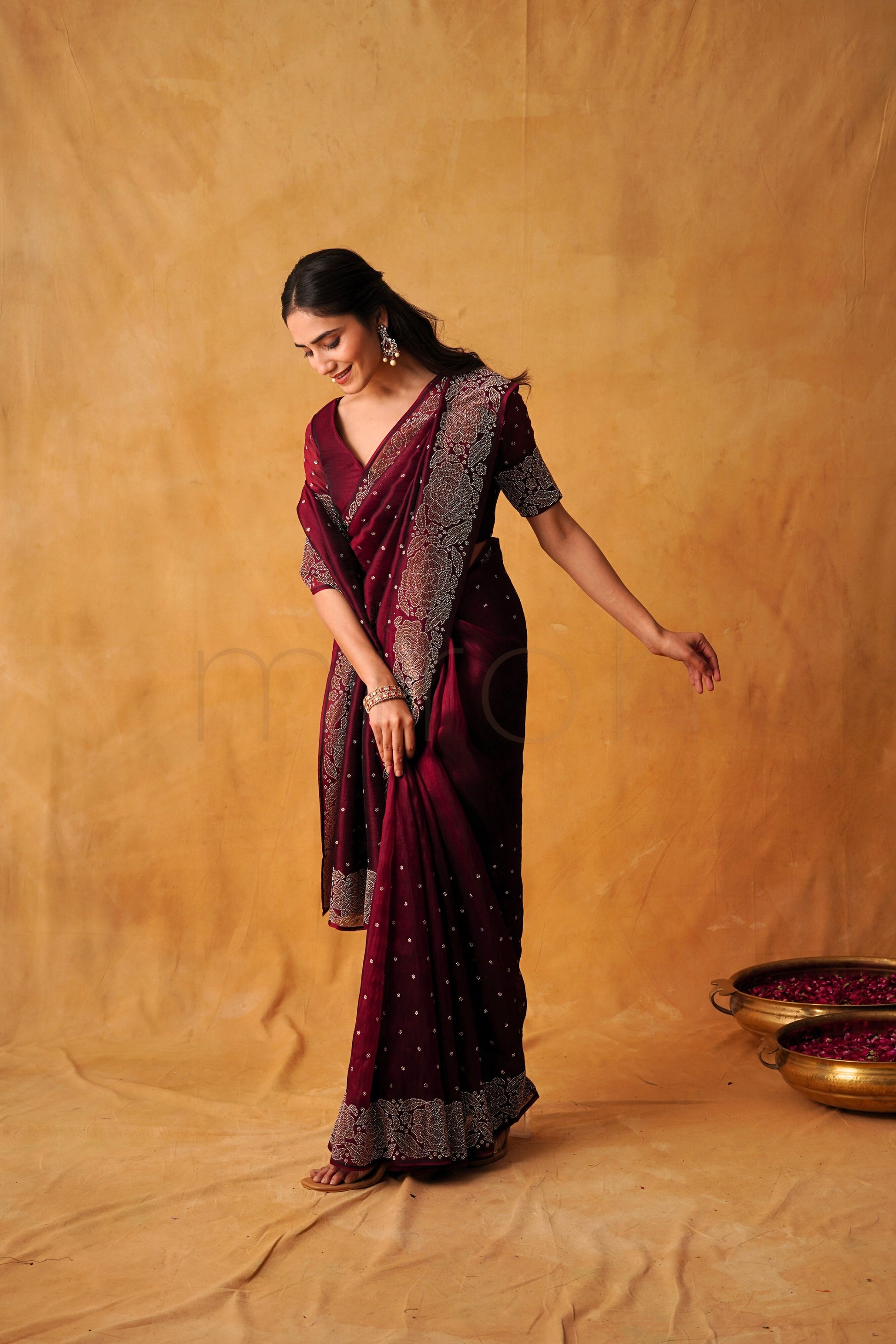 Cherry Luxe Organza Saree with Intricate Stonework