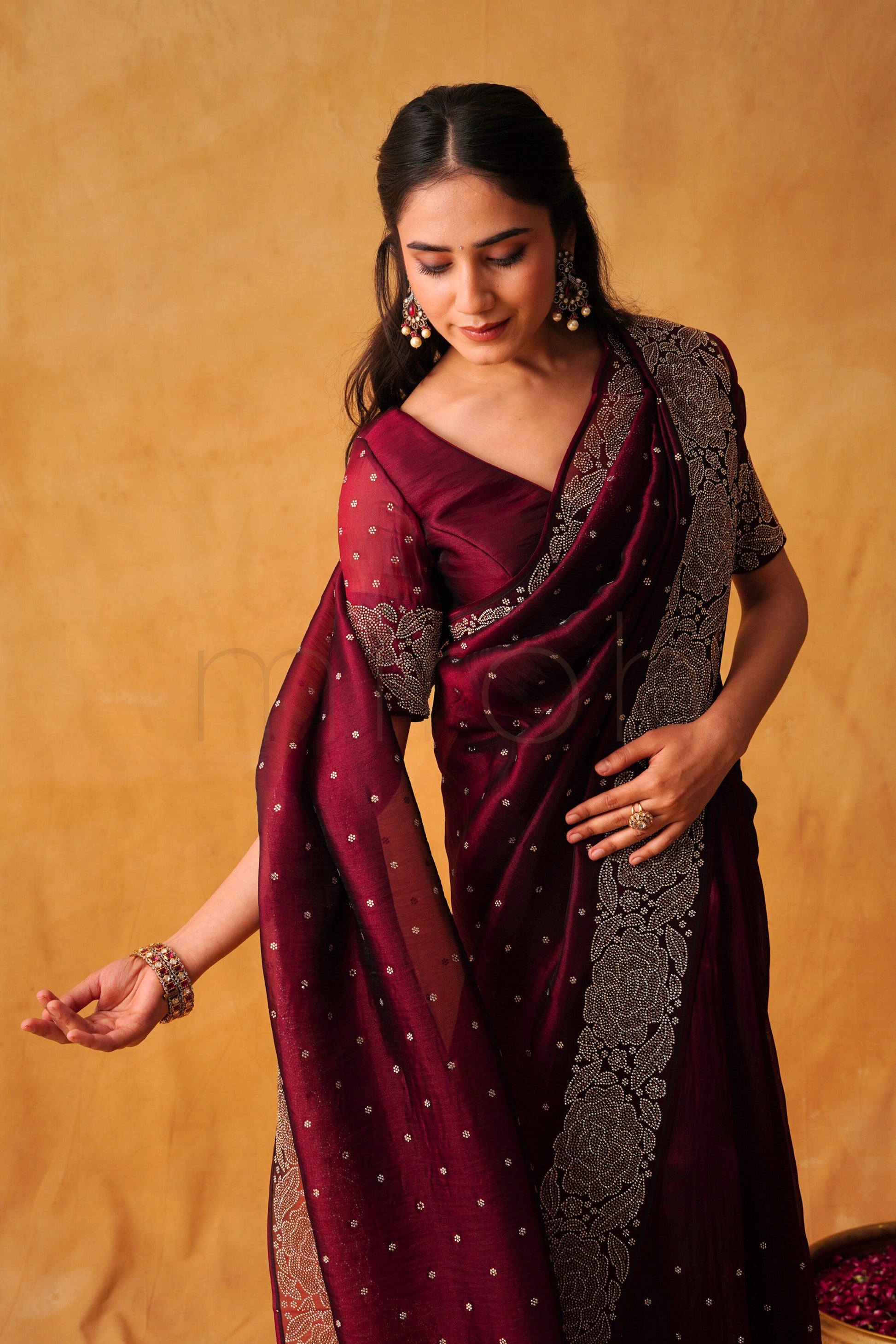 Cherry Luxe Organza Saree with Intricate Stonework