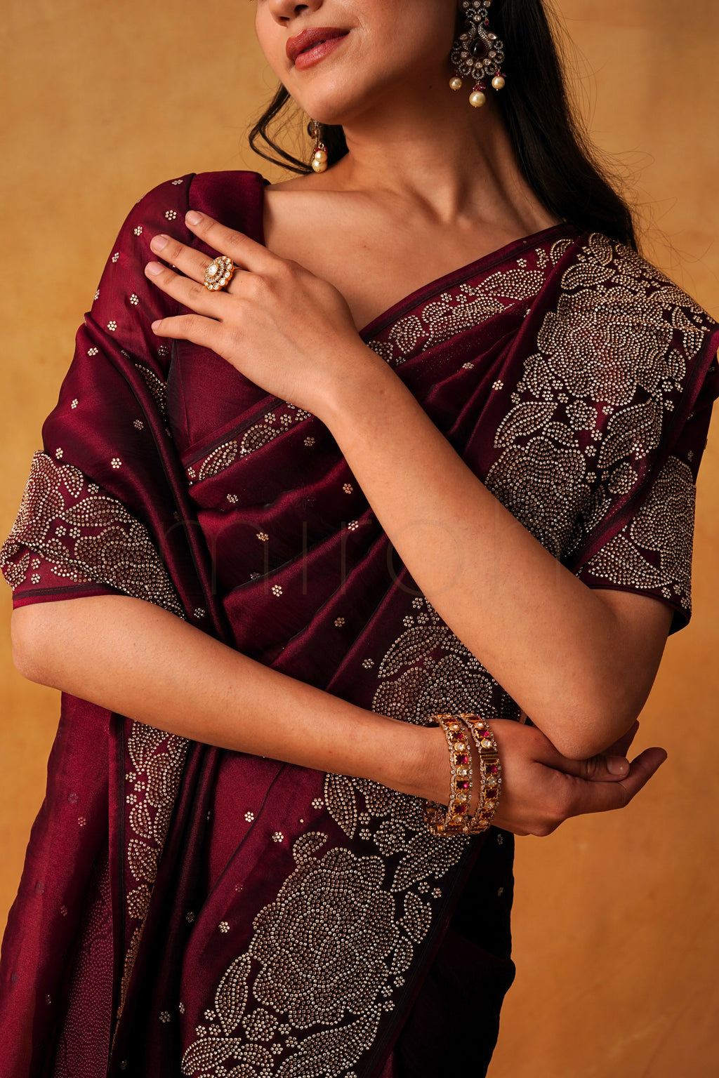 Cherry Luxe Organza Saree with Intricate Stonework