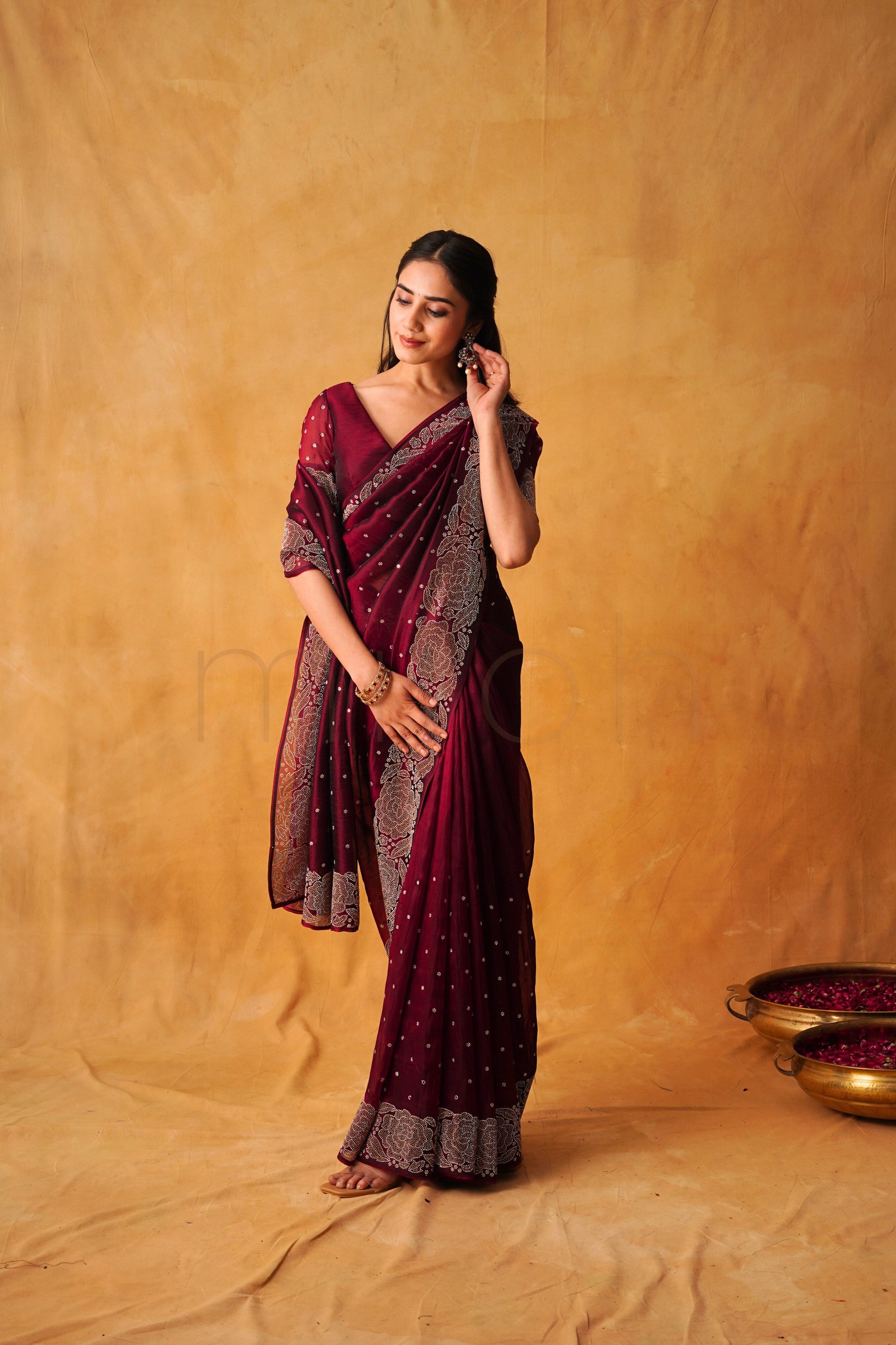 Cherry Luxe Organza Saree with Intricate Stonework