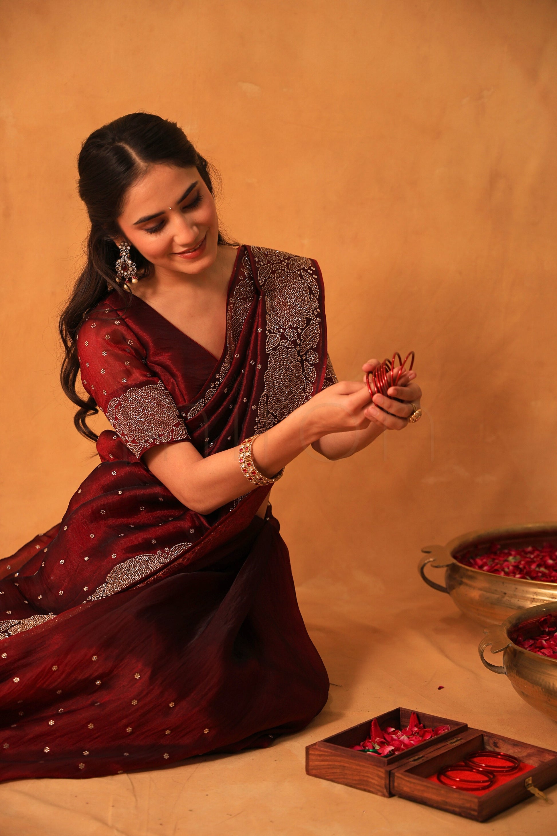 Cherry Luxe Organza Saree with Intricate Stonework