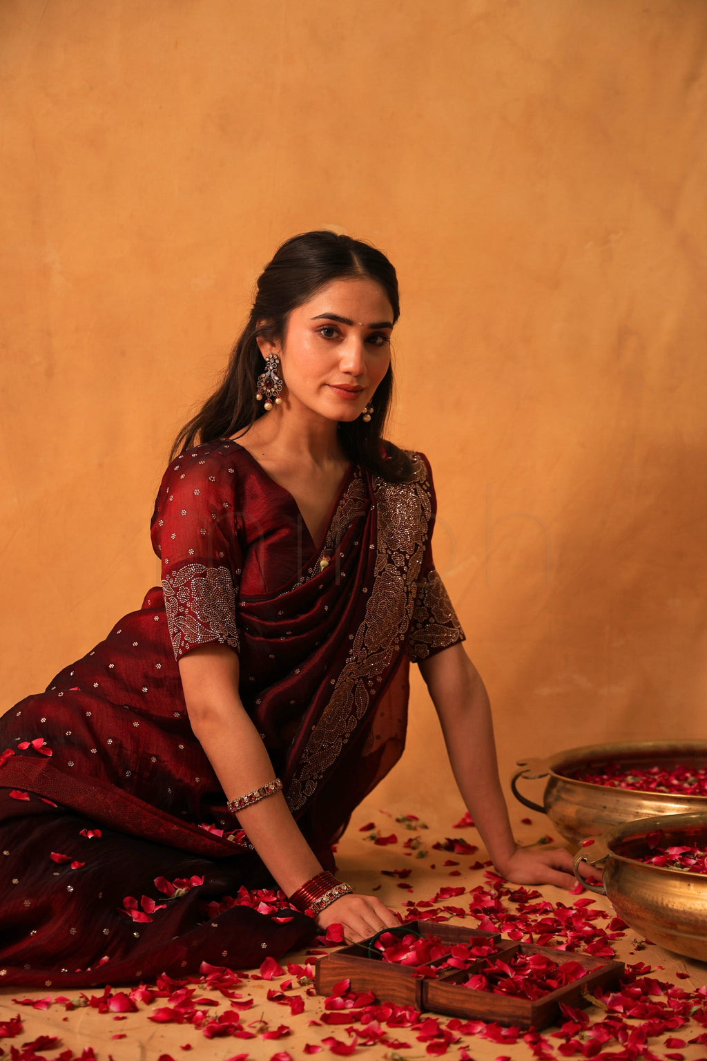 Cherry Luxe Organza Saree with Intricate Stonework