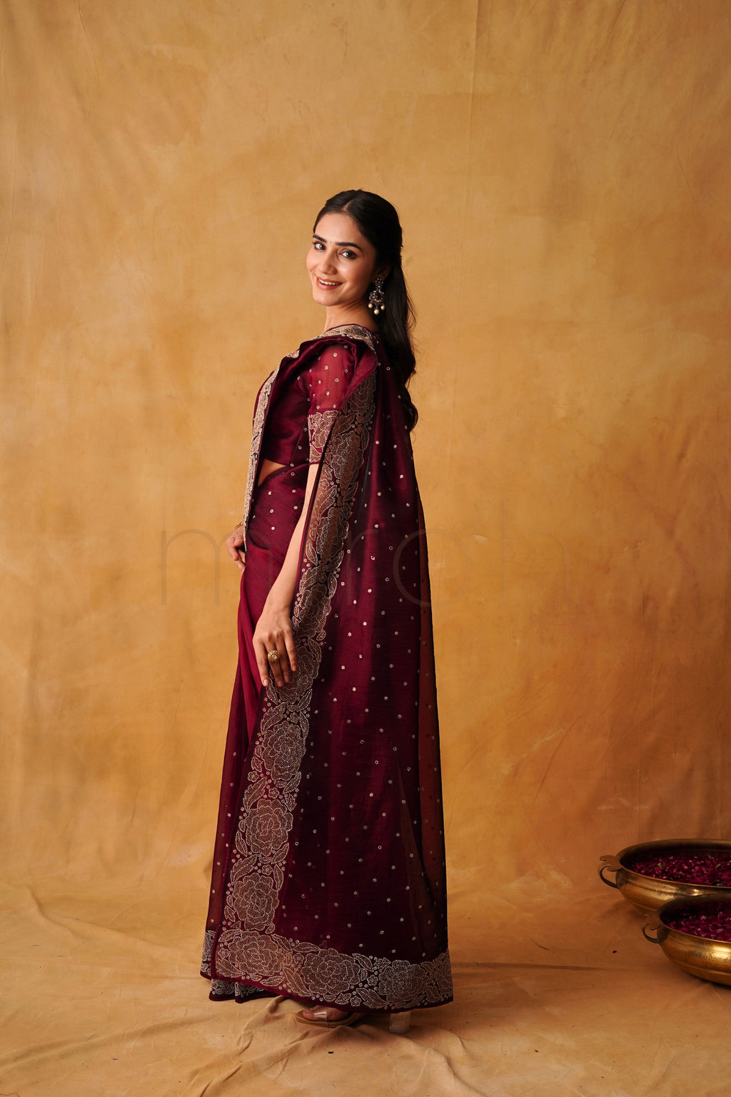 Cherry Luxe Organza Saree with Intricate Stonework