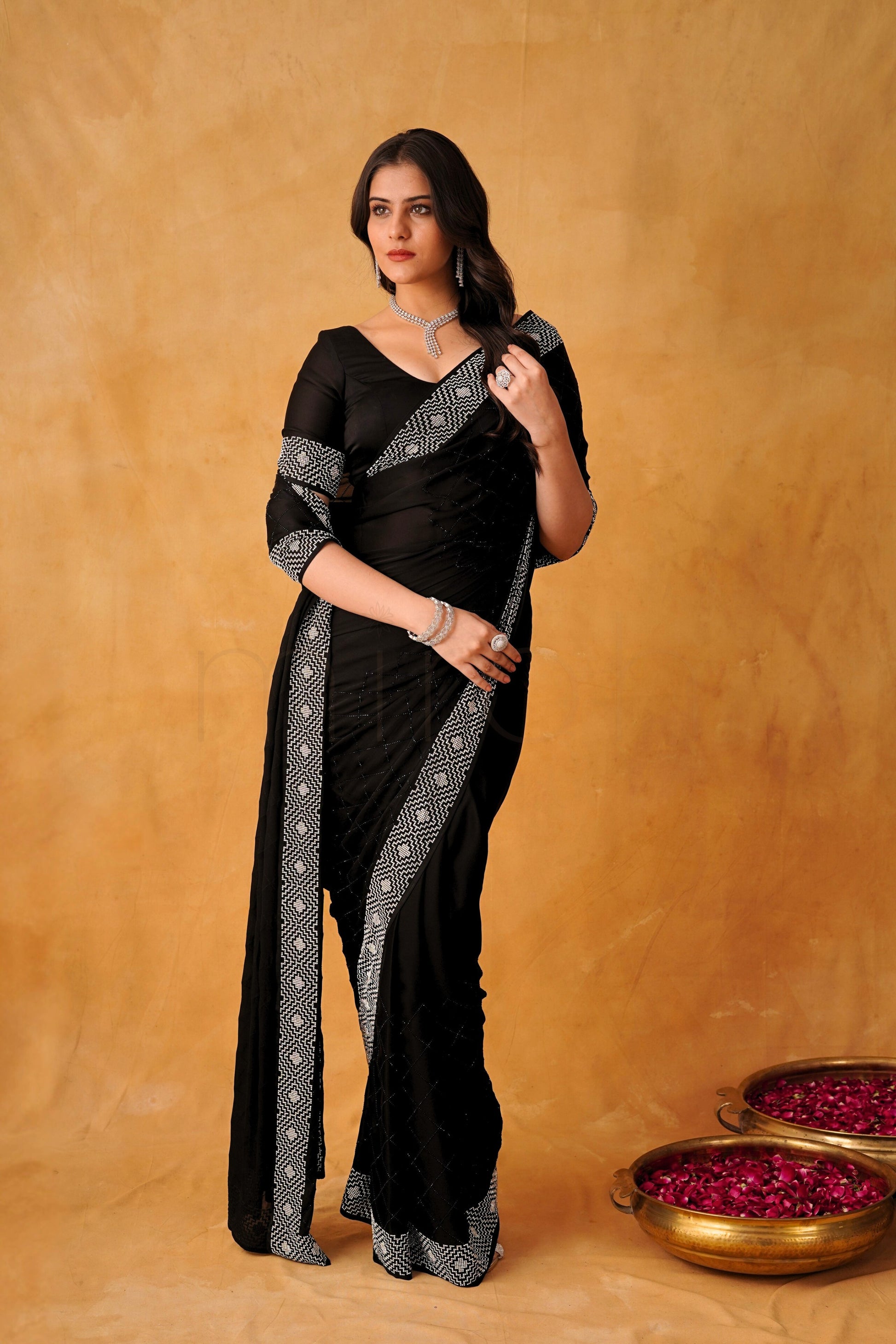 Black Luxe Satin Saree with Intricate Silver Embellishment