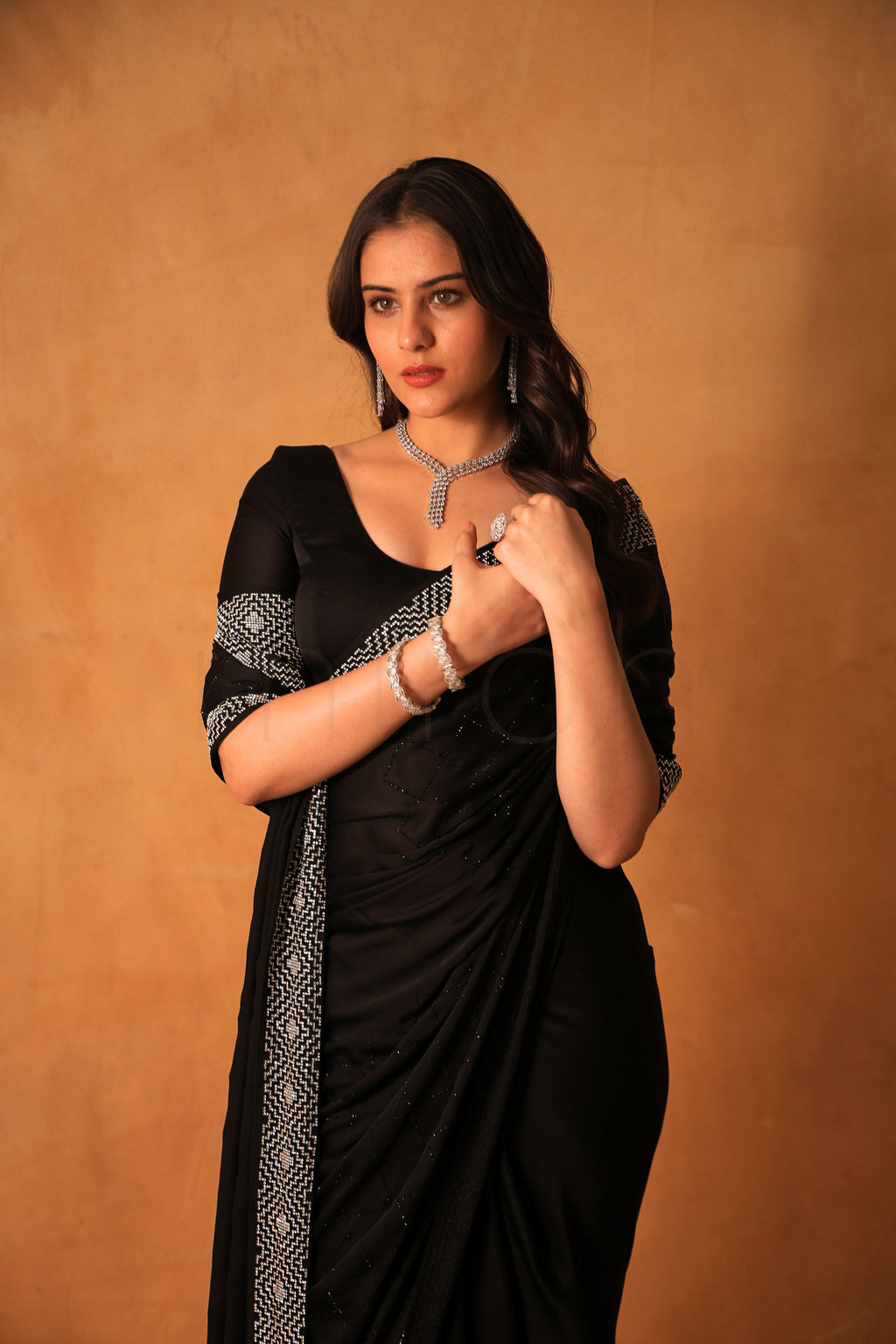 Black Luxe Satin Saree with Intricate Silver Embellishment
