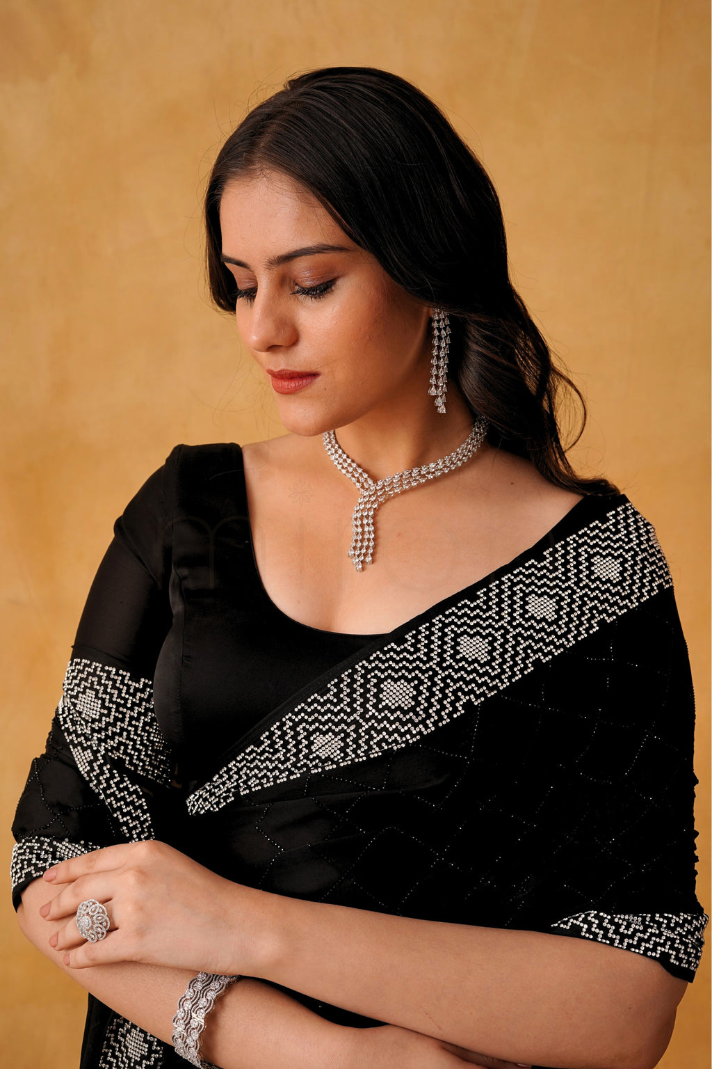 Black Luxe Satin Saree with Intricate Silver Embellishment