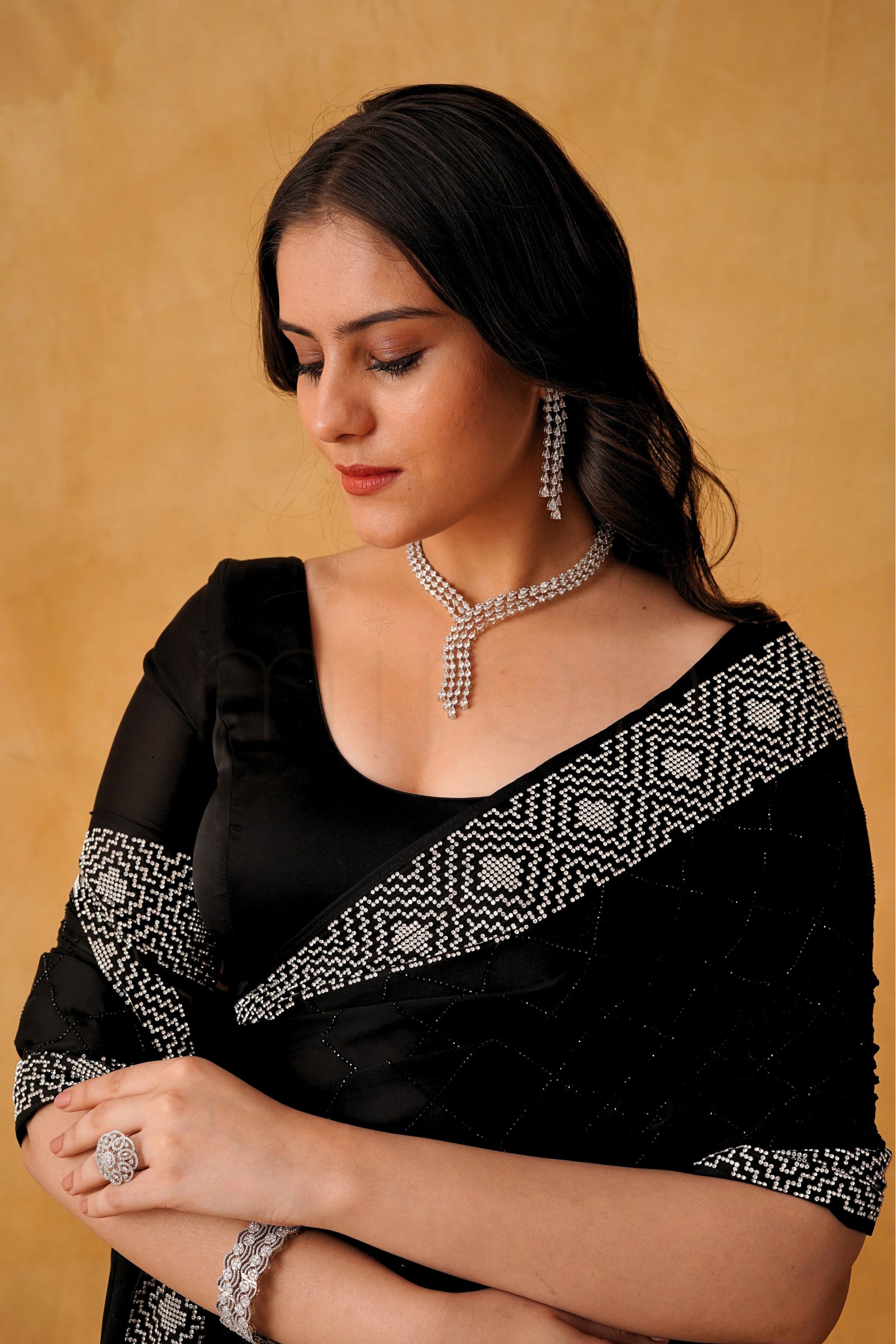 Black Luxe Satin Saree with Intricate Silver Embellishment