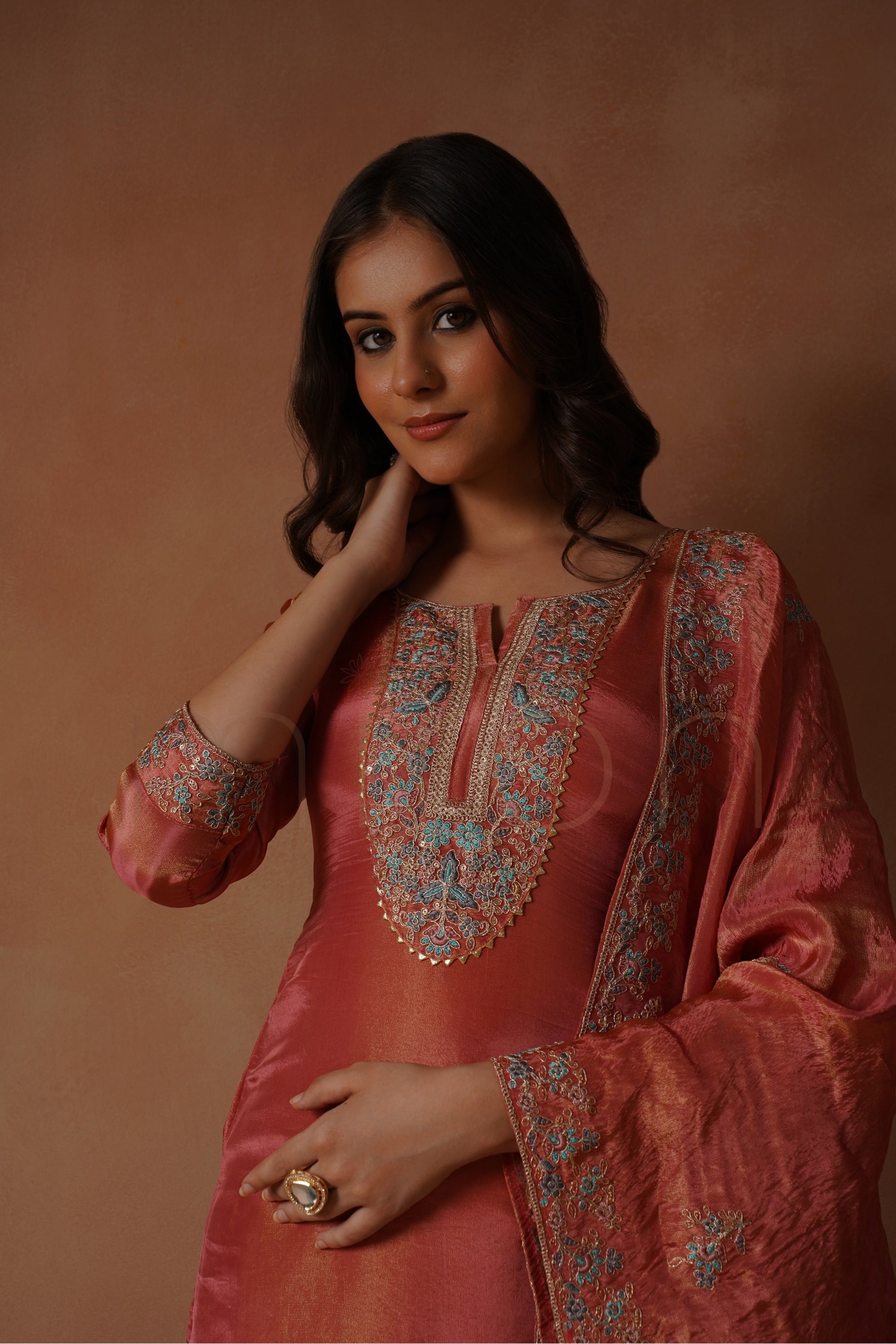 Deep Chestnut Radiance Embroidered Kurti Set