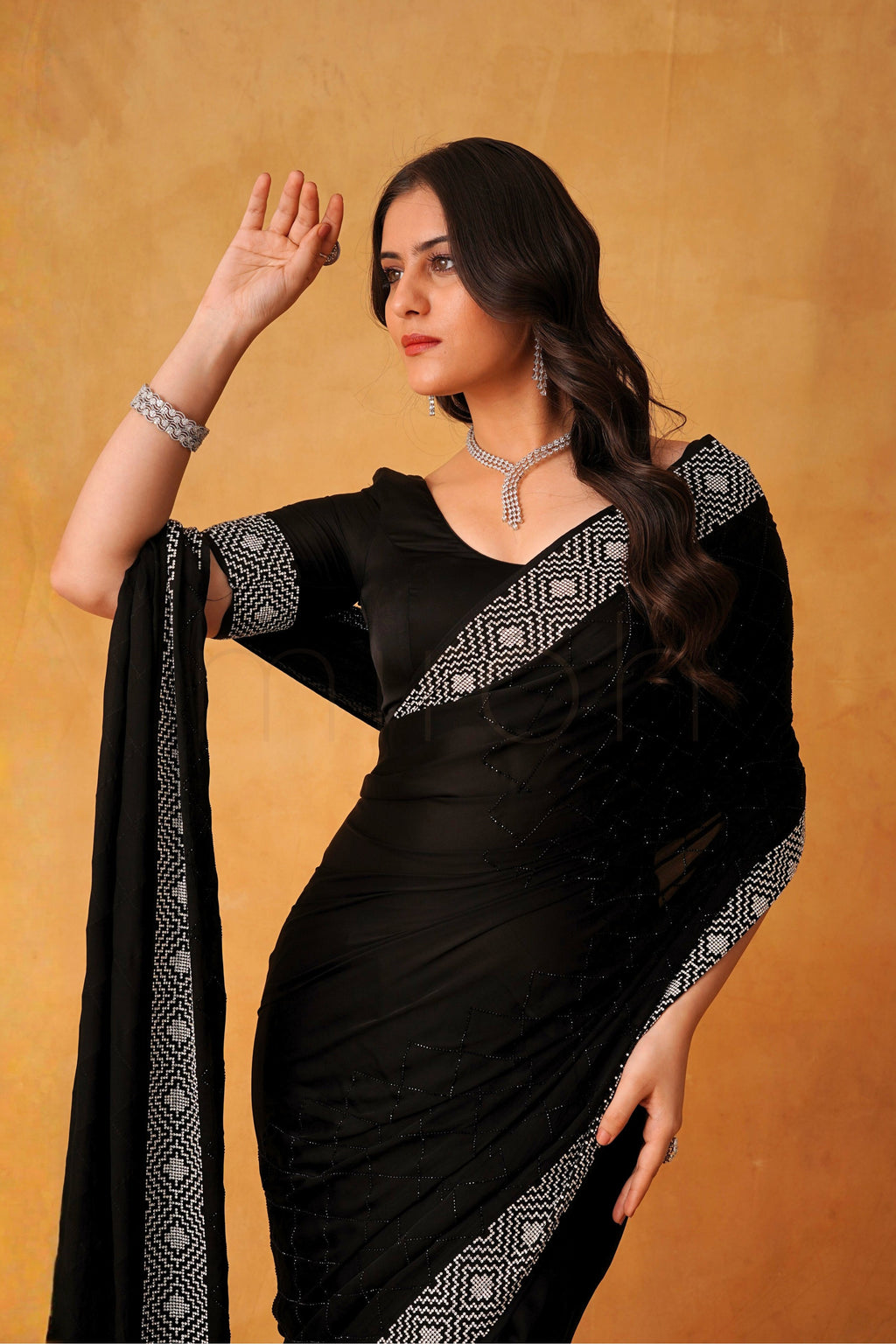 Black Luxe Satin Saree with Intricate Silver Embellishment