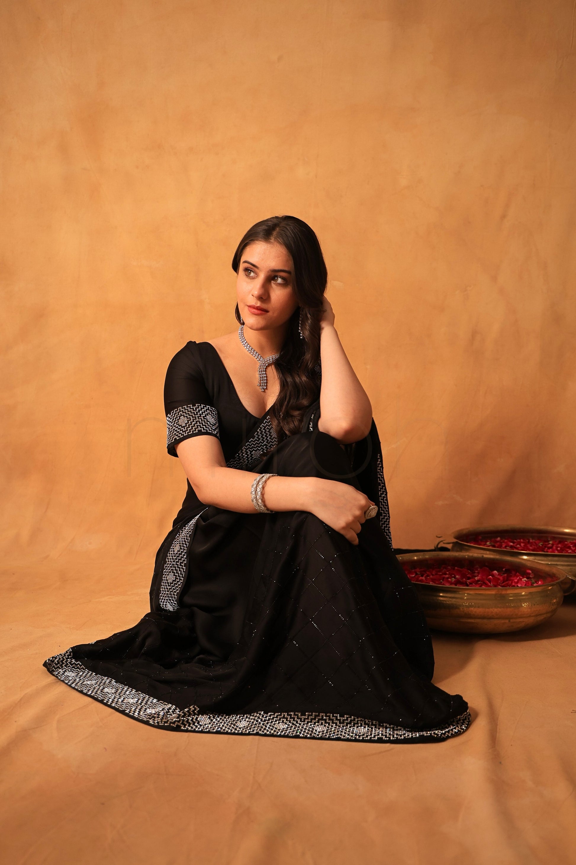 Black Luxe Satin Saree with Intricate Silver Embellishment