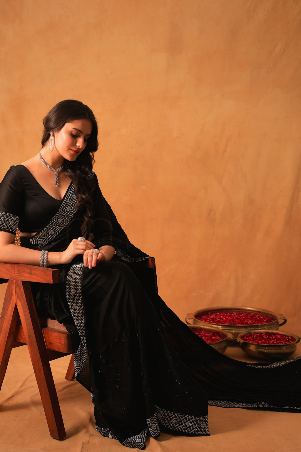 Black Luxe Satin Saree with Intricate Silver Embellishment