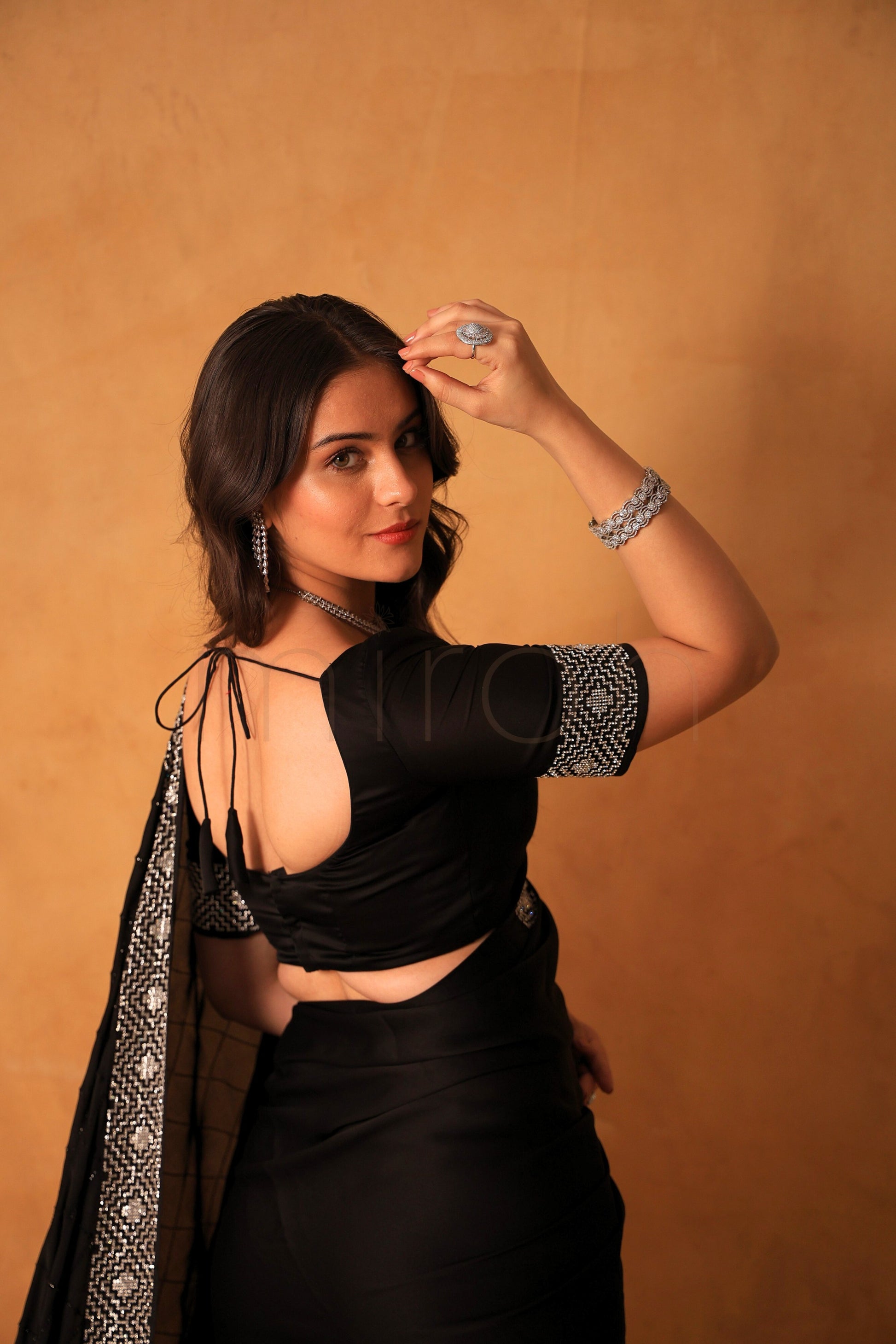 Black Luxe Satin Saree with Intricate Silver Embellishment