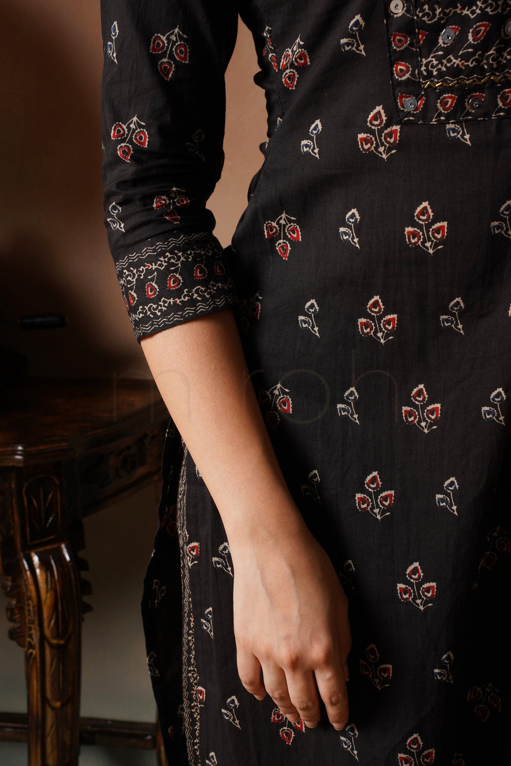 Black Printed Cotton Suit Set with Dupatta
