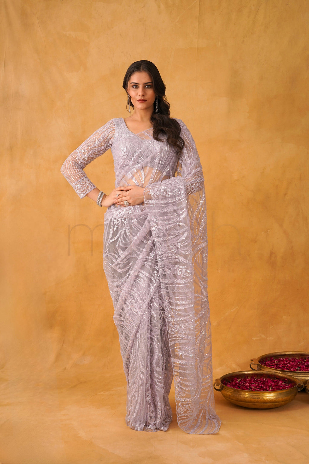 Lavender Gleam Net Saree with Intricate Sequin Detailing