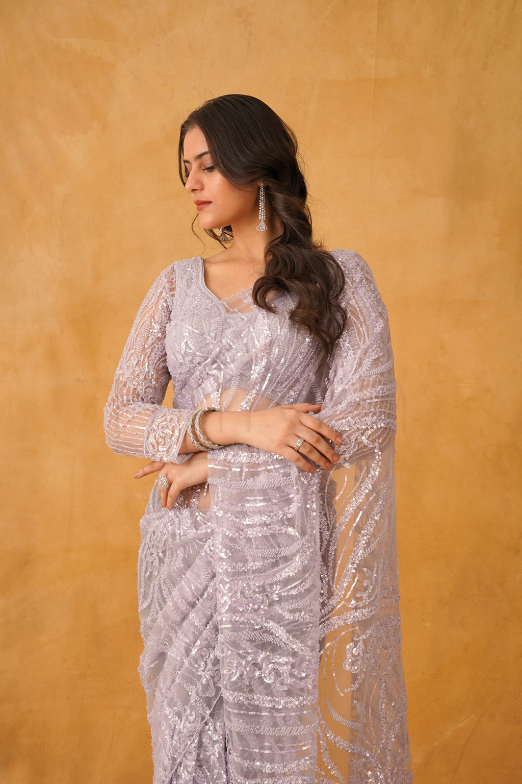 Lavender Gleam Net Saree with Intricate Sequin Detailing