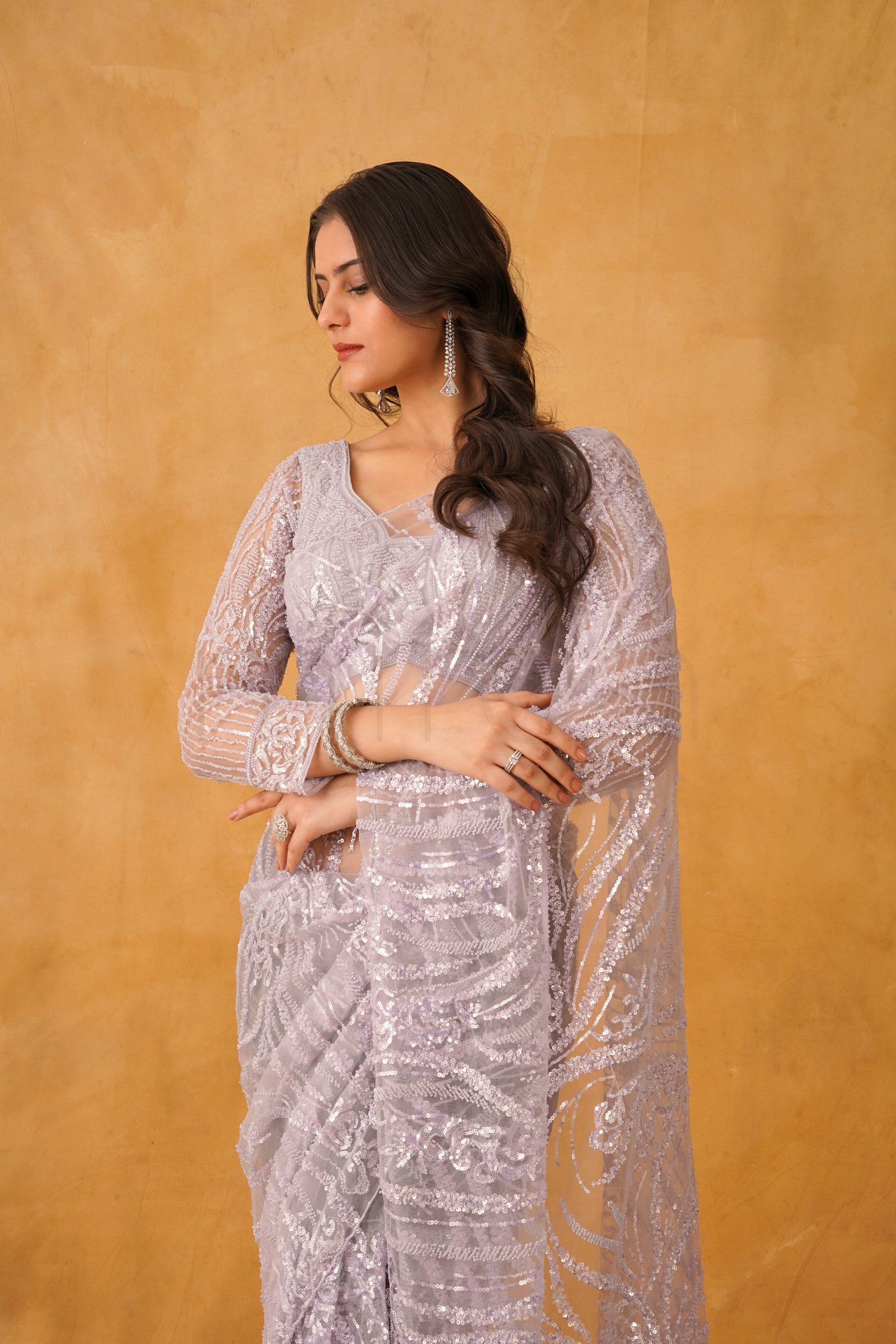 Lavender Gleam Net Saree with Intricate Sequin Detailing