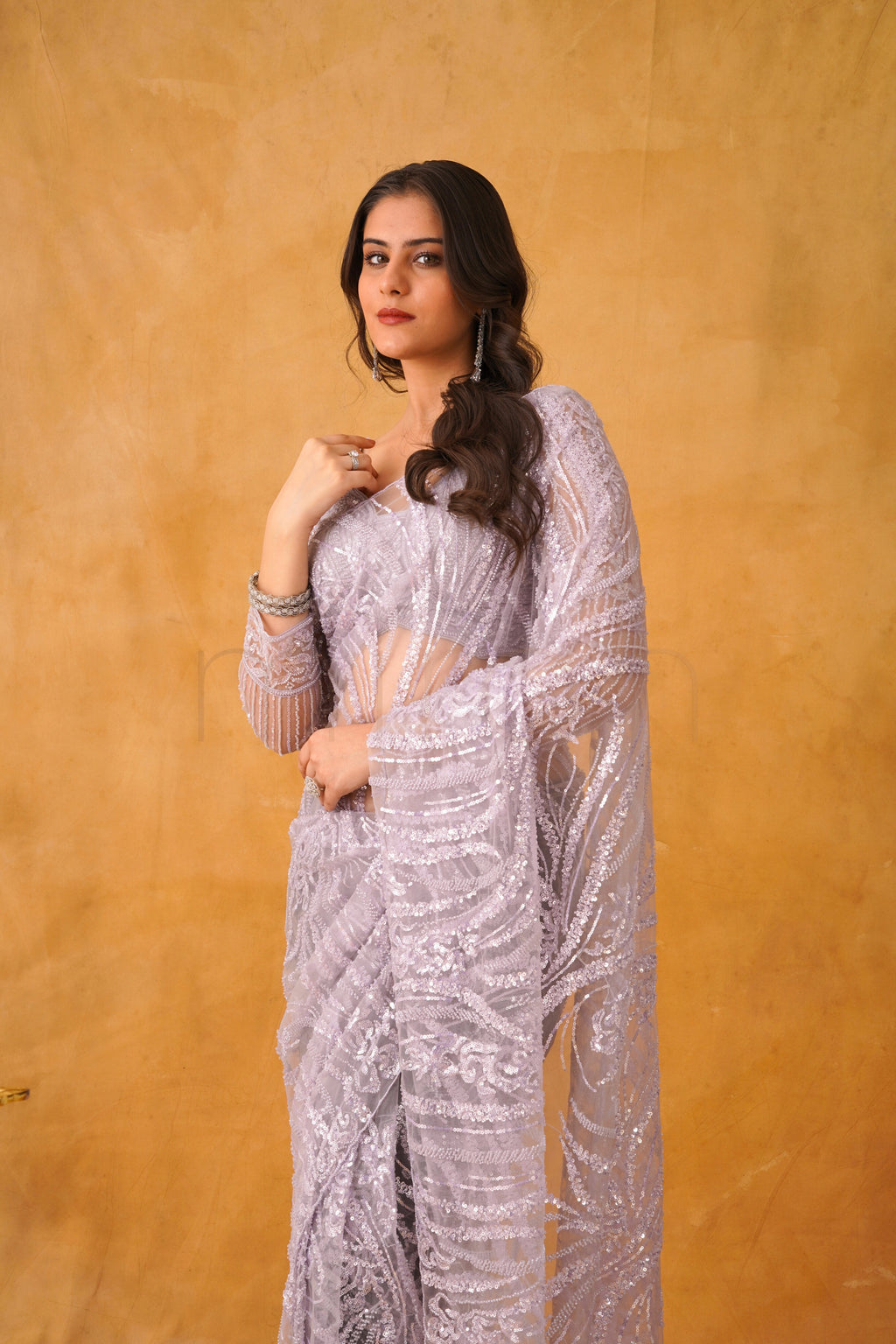 Lavender Gleam Net Saree with Intricate Sequin Detailing