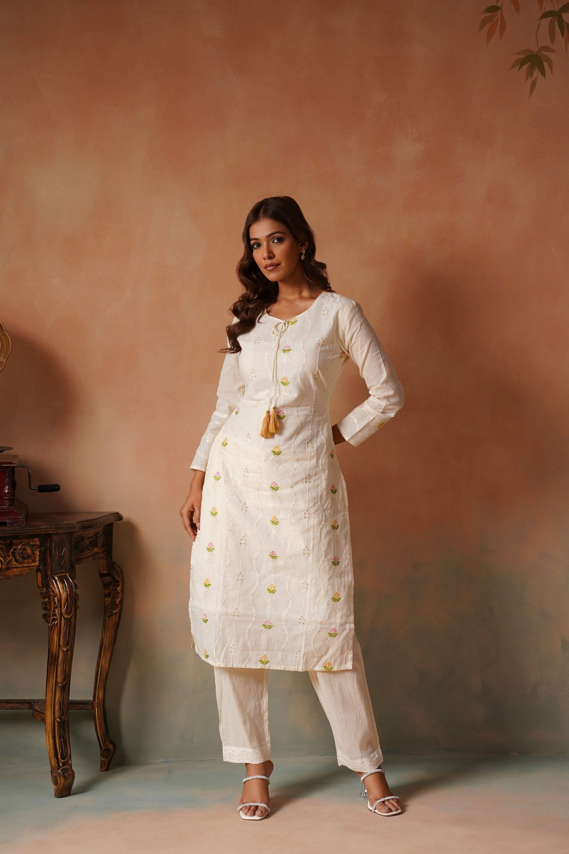 Off-White Embroidered Kurta Set