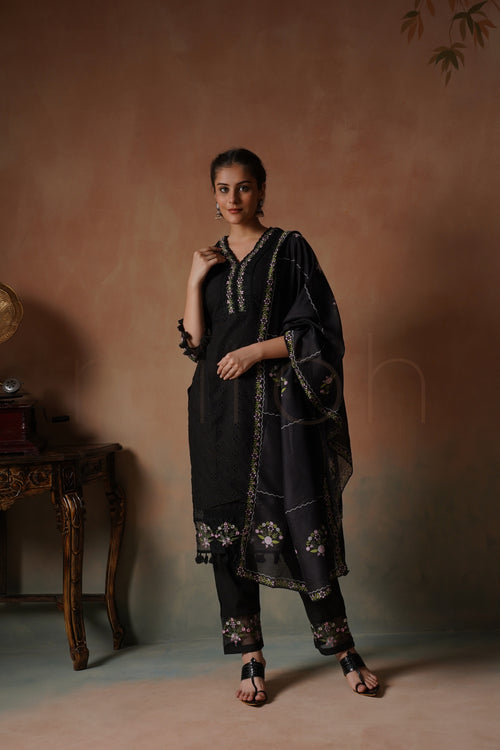 Black Embroidered Cotton Suit with Floral Print Dupatta