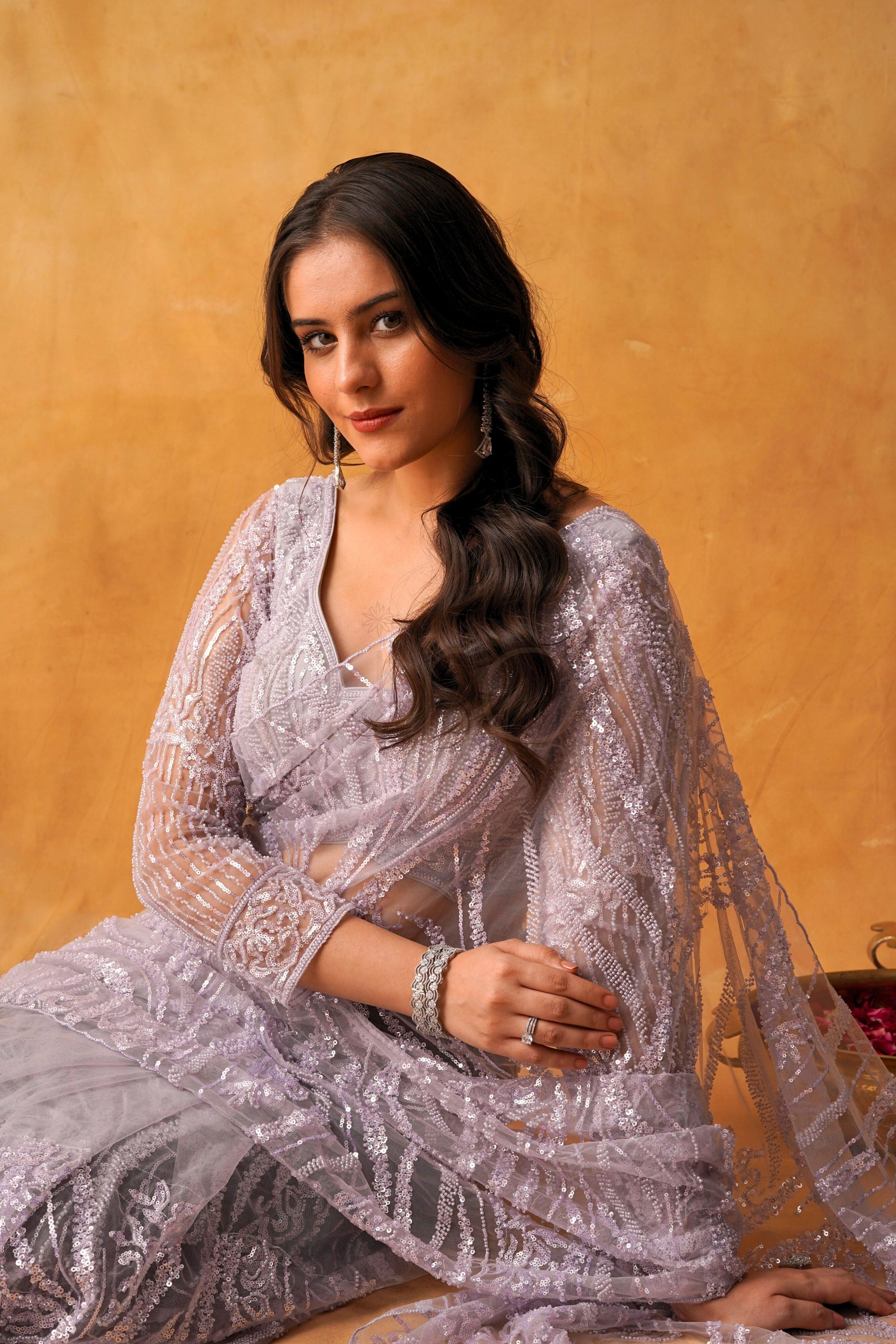 Lavender Gleam Net Saree with Intricate Sequin Detailing