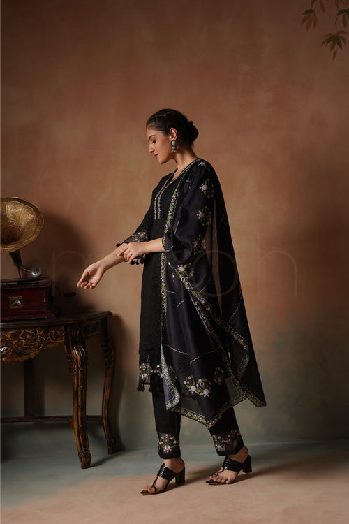 Black Embroidered Cotton Suit with Floral Print Dupatta