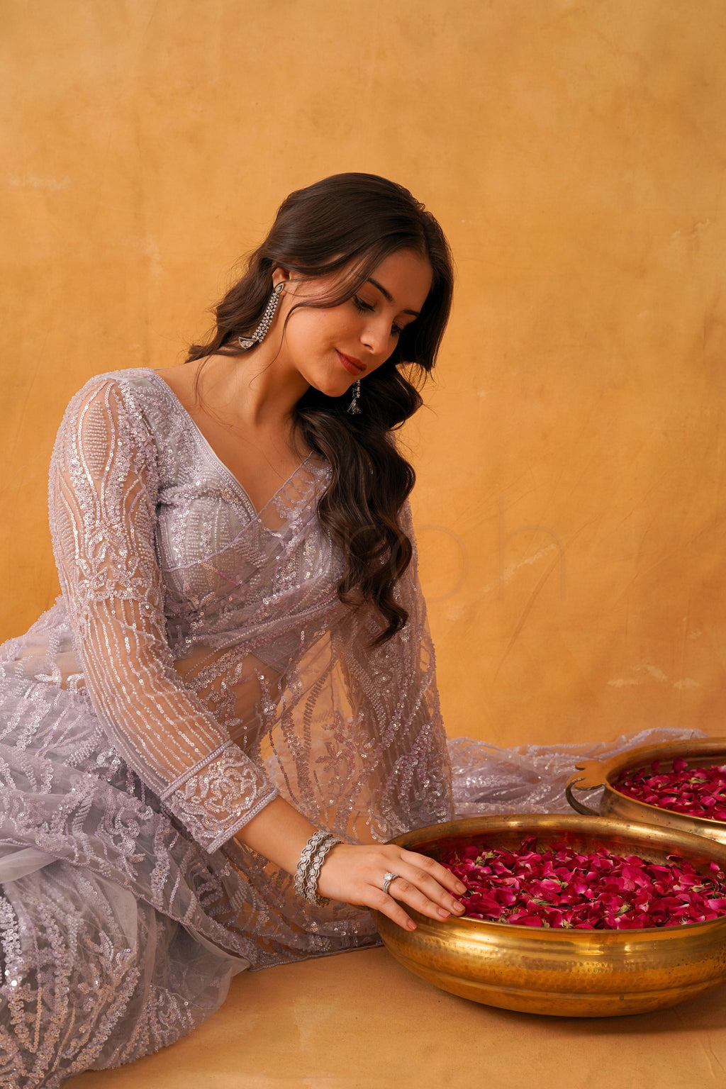 Lavender Gleam Net Saree with Intricate Sequin Detailing